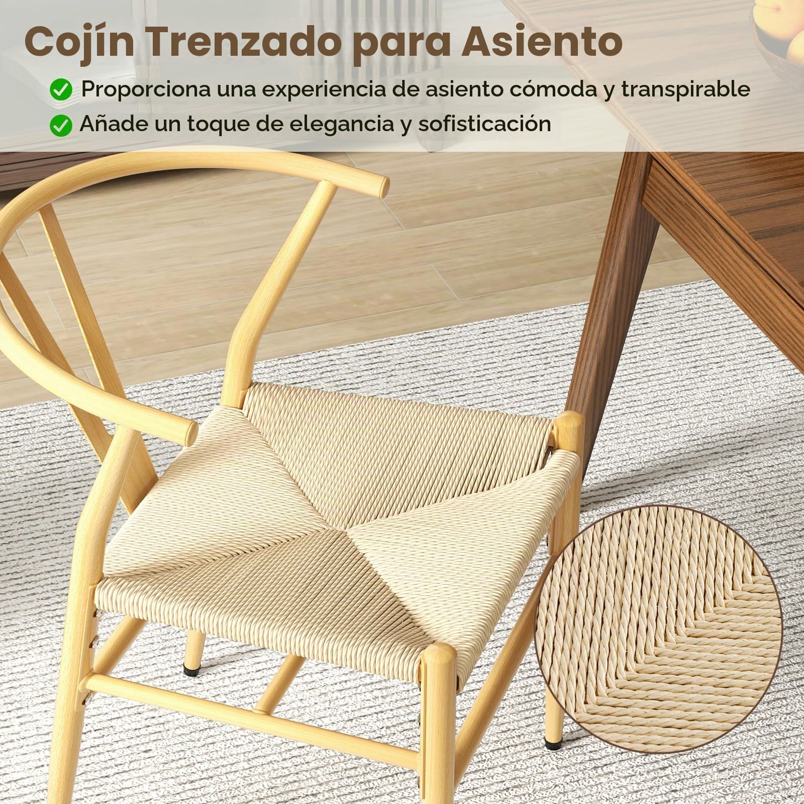HOMASIS - Juego de 2 sillas de cocina, sillón de salón con respaldo en Y, asiento de cuerda trenzada, apoyabrazos, conjunto de 2 sillas marco de metal carga 150 kg para comedor, oficina (natural)