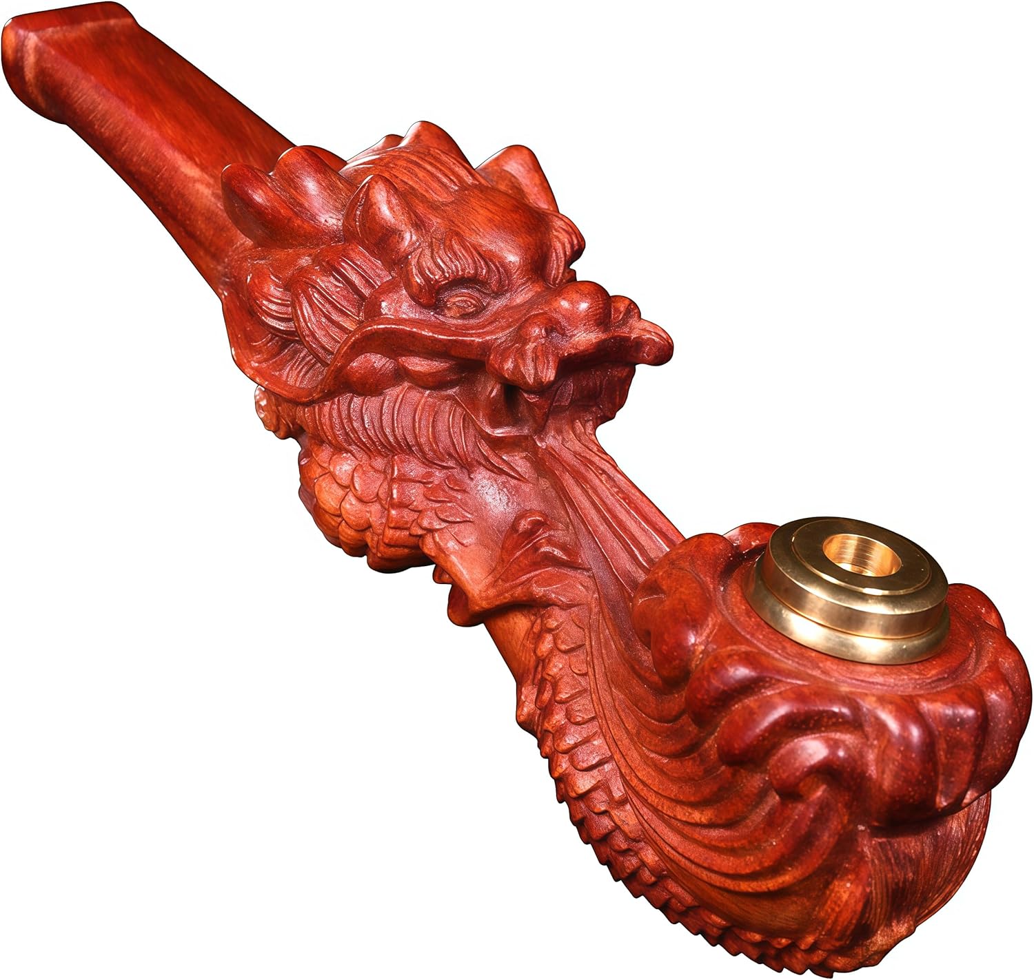 Hand Carved Red Sandalwood Dragon Tobacco Pipe 5.5" Brass Bowl - Premium Chinese Wood Smoking Pipe Gift
