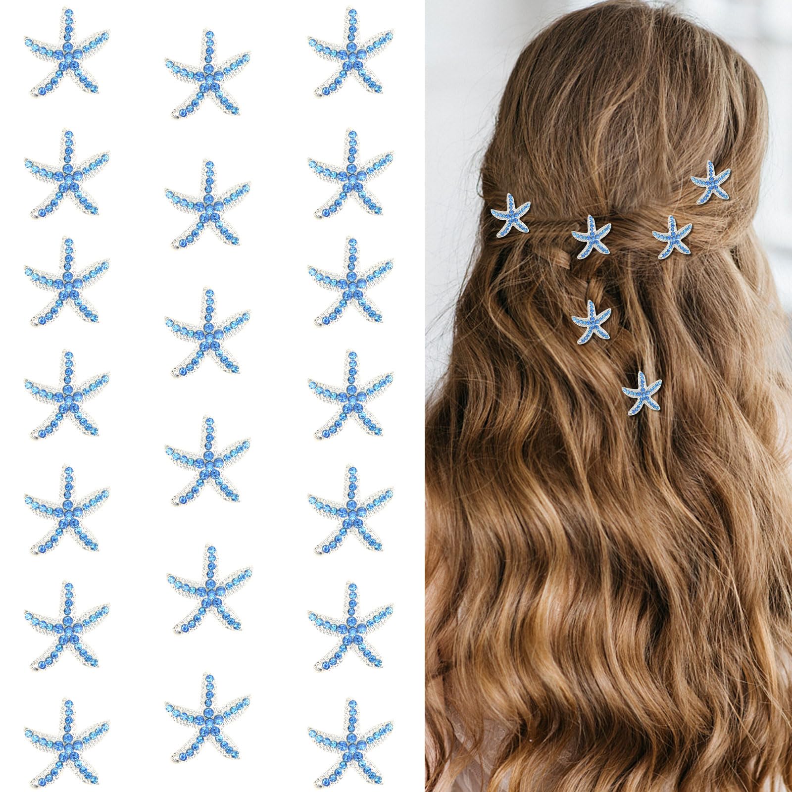 20 Pcs Blue Starfish Rhinestone Hair Clips for Women, Mermaid Hair Clips, Cute Hair Accessories for Women Girls