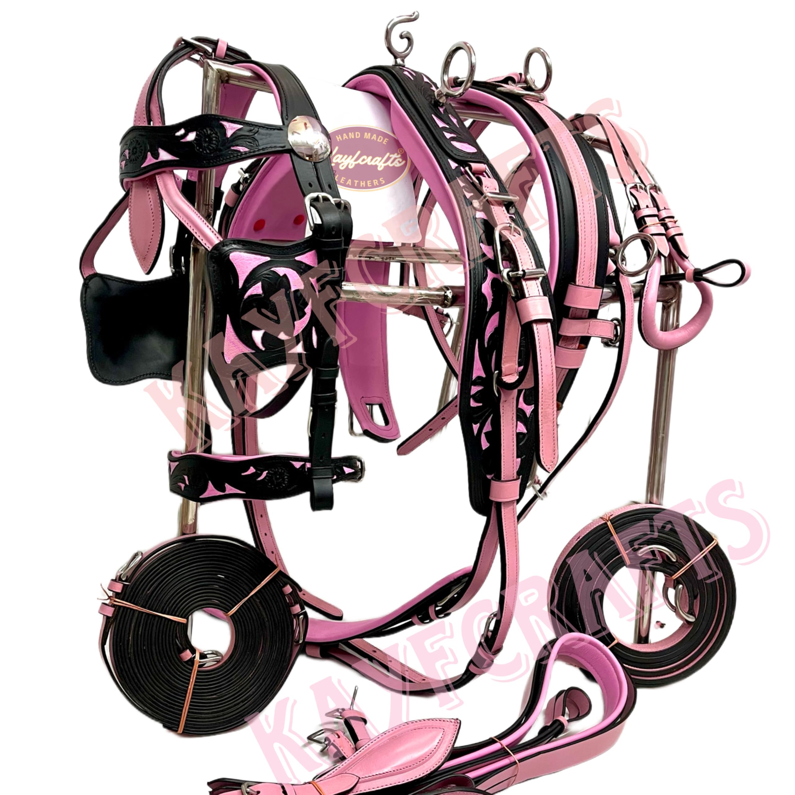 Pink & Black 2 Tone Oiled Leather Horse Driving Harness Set for Carriage Buggy (Full)