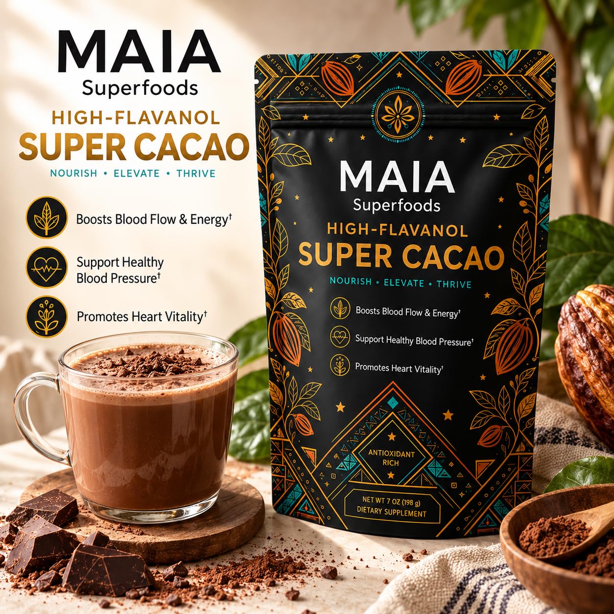 Cacao de cérémonie, mélange de cacao non sucré pour un usage quotidien, goût riche et lisse, facile à préparer chaud ou froid, comprend une cuillère à mesurer