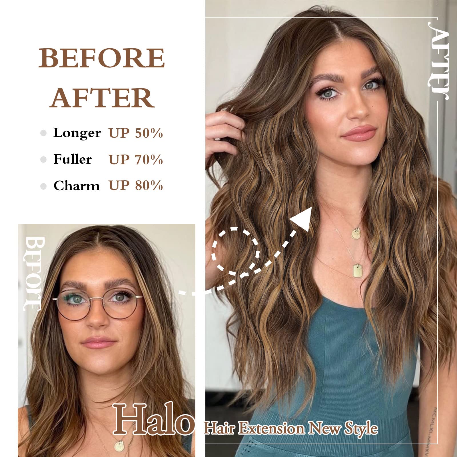 BUPPLER Halo Hair Extensions 20 Inch Invisible Wire Hair Extensions Adjustable Long Wavy Hairpiece Synthetic Upgrade 4 Secure Clips in Hairpieces 20 Inch,Medium Brown Mixed Golden Brown - Image 3