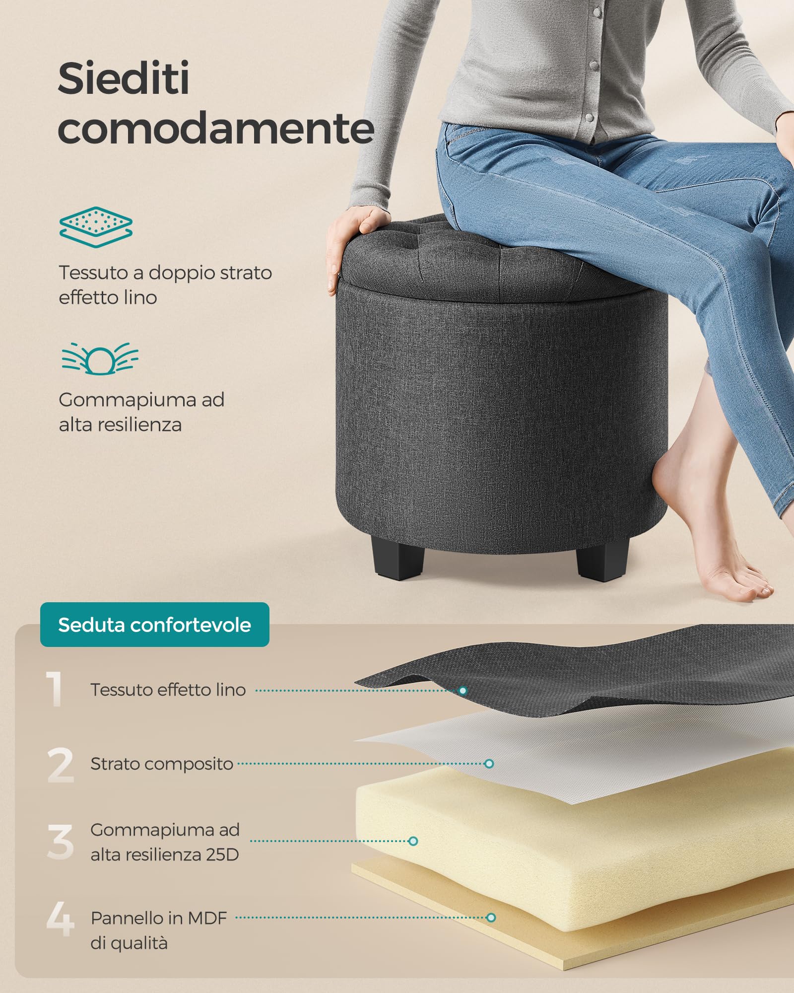 SONGMICS Pouf Contenitore Rotondo, Cassapanca, 45 x 45 x 44,5 cm, Poggiapiedi con Gambe, Tessuto Effetto Lino, Portata Fino a 150 kg, per Soggiorno, Camera da Letto, Grigio Scuro LOM011G01V1