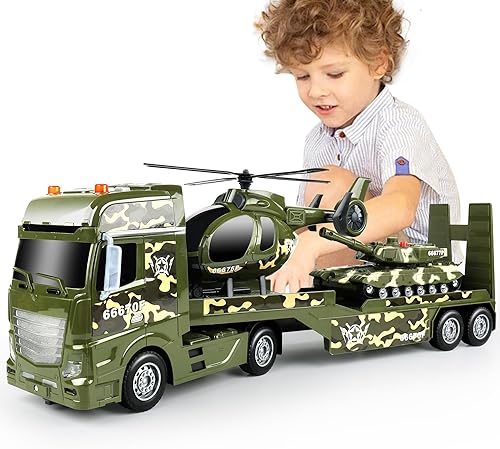 Miniatura 9 de Dwi Dowellin Juguetes para niños pequeños de 3, 4, 5, 6 años, semirremolque de 25 pulgadas con coche de carreras y helicóptero, juguetes de policía,