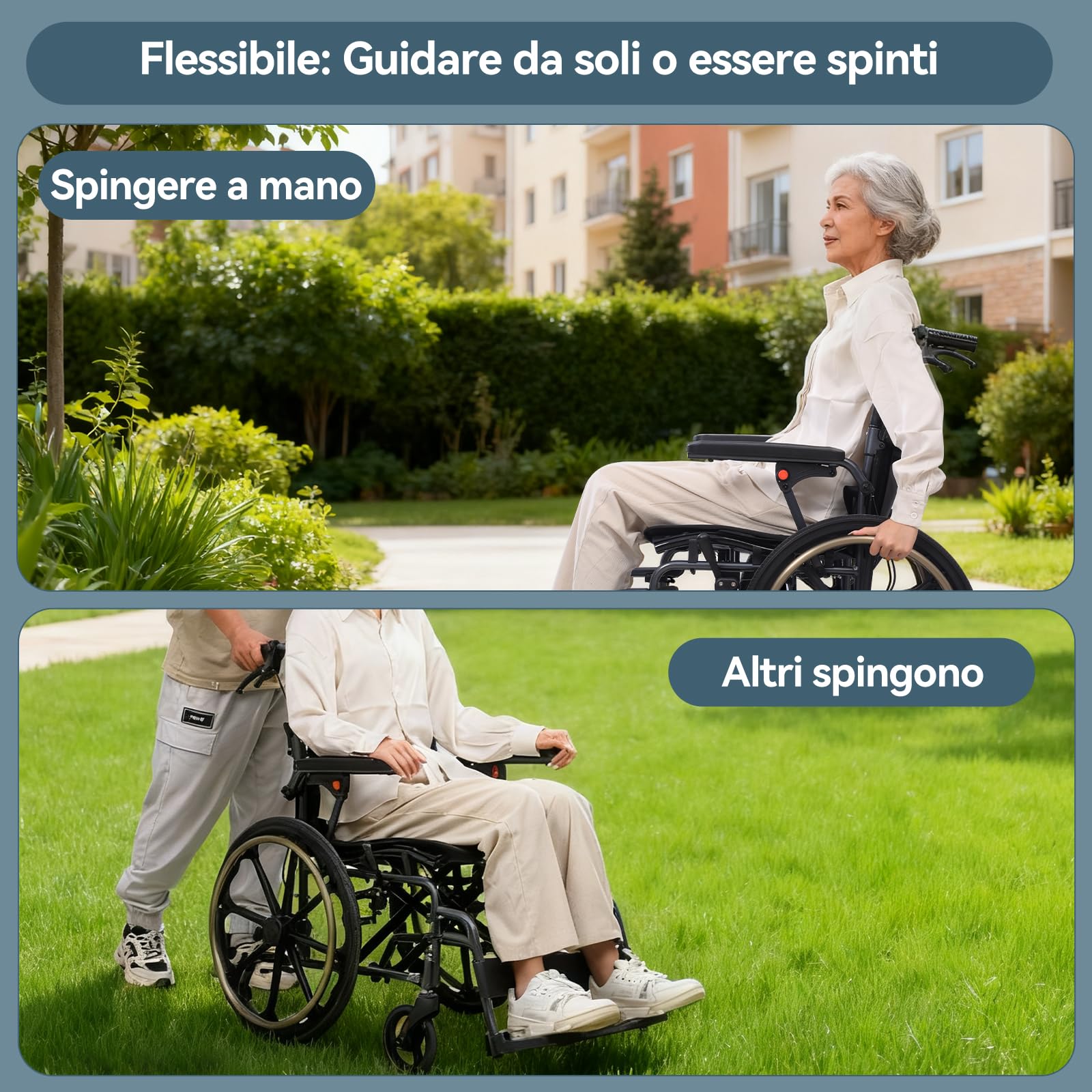 M4 Sedia a rotelle pieghevole autopropulsata per adulti(11KG), seduta ampia 46cm, con poggiapiedi rimovibili, ruote antiribaltamento e doppio sistema frenante, robusta e resistente, portata 100KG-Nero