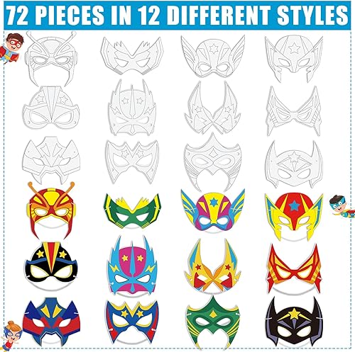 Miniatura 3 de Sosation 72 máscaras de héroe para colorear tu propio héroe, máscaras de papel para manualidades, regalo de grafiti en blanco con cuerdas para