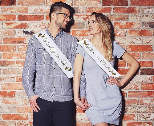 Miniatura 7 de Paquete de bandas para baby shower "Momma To Be" y "Daddy To Be", con bonita imagen de cigüeña (letras blancas y doradas), decoraciones de fiesta de