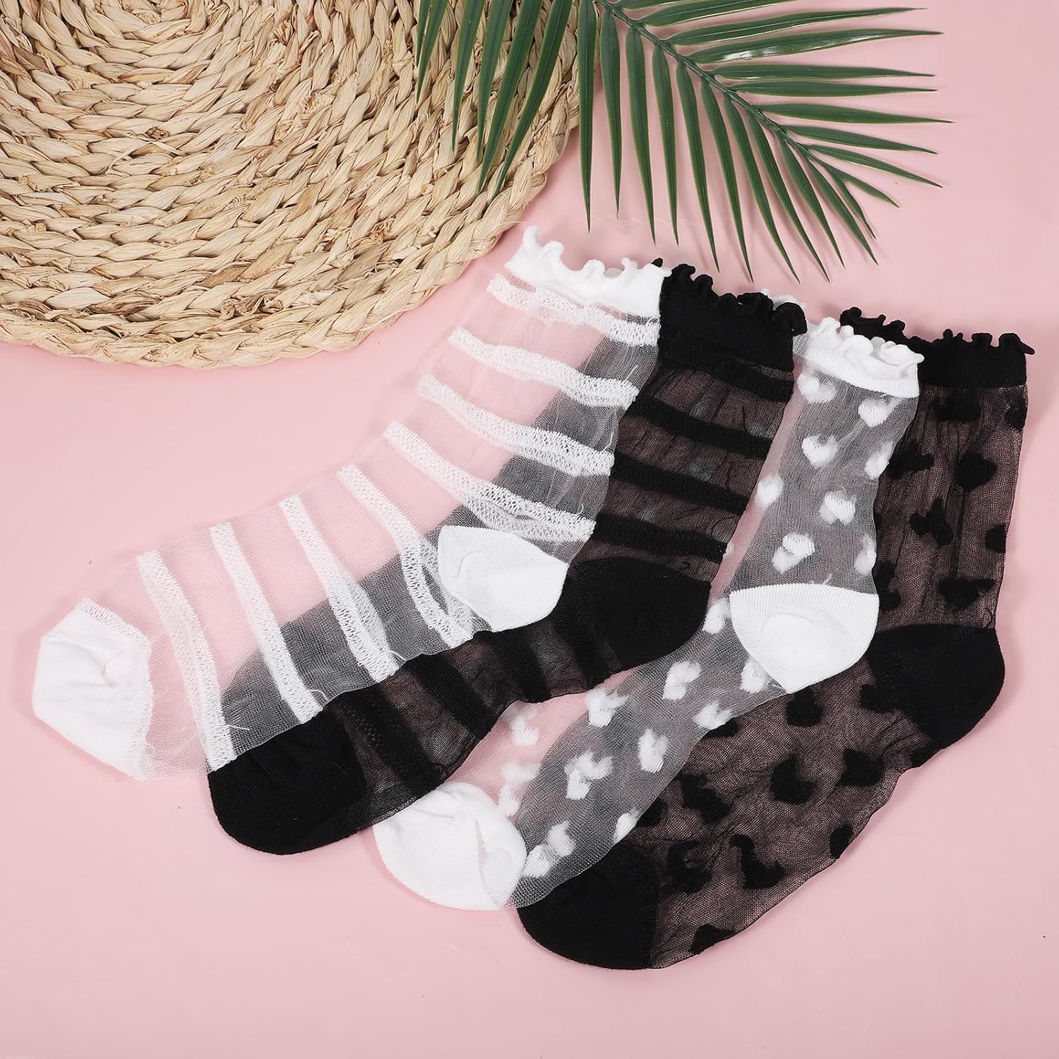 8 Pairs Lace Ruffle Socks for Women, Sheer Ruffle Socks with Heart Stripe Pattern, Polyester Cotton Ankle Stockings (White & Black, 11.8 Inch)