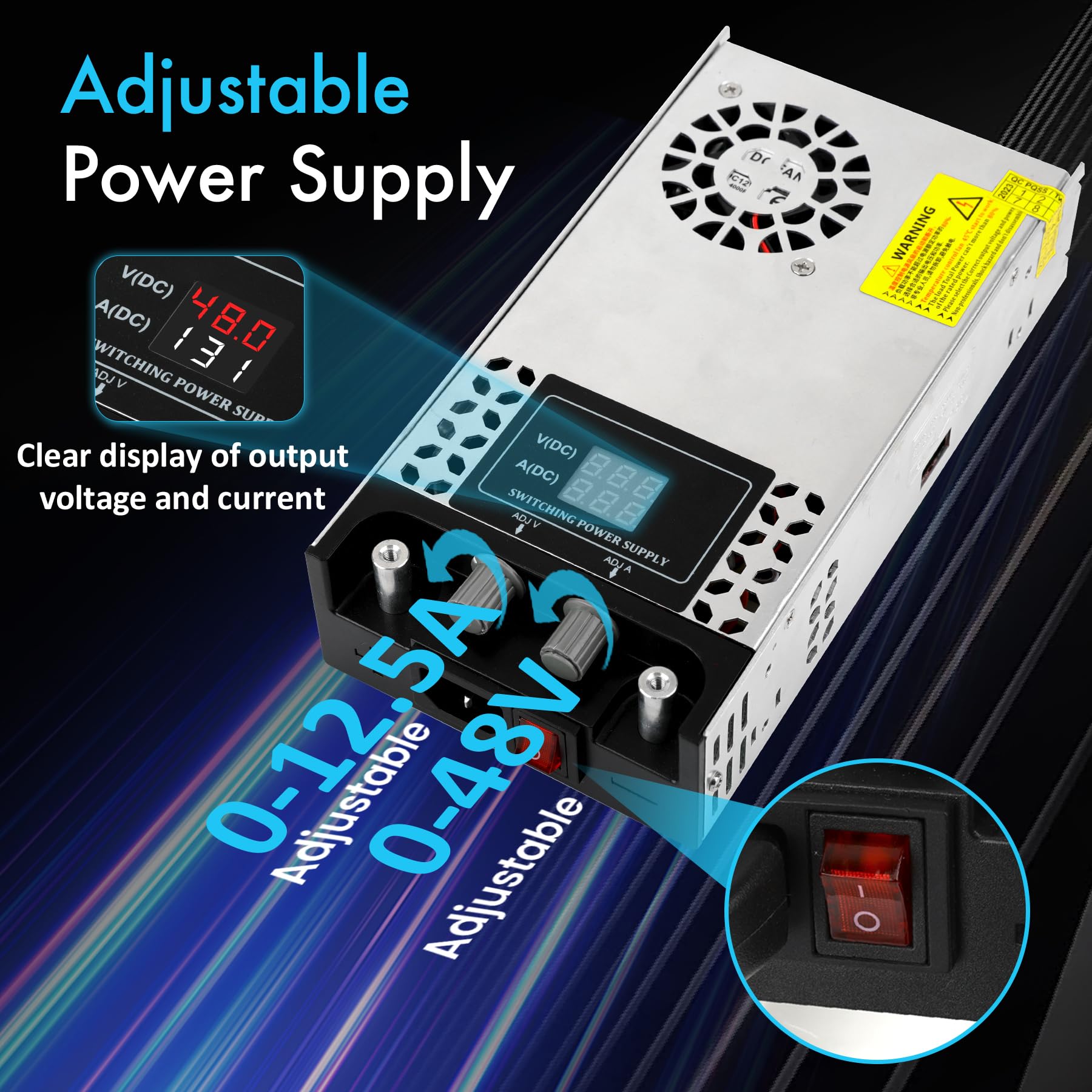 Regolabile DC 0-48V Alimentatore 12.5A 600W Trasformatore 230V AC a DC 0-48Volt convertitore 0-12.5A 600W Alimentatore con LED Display, per Pompa CCTV Telecamera di sicurezza Auto Stereo 3D Stampante