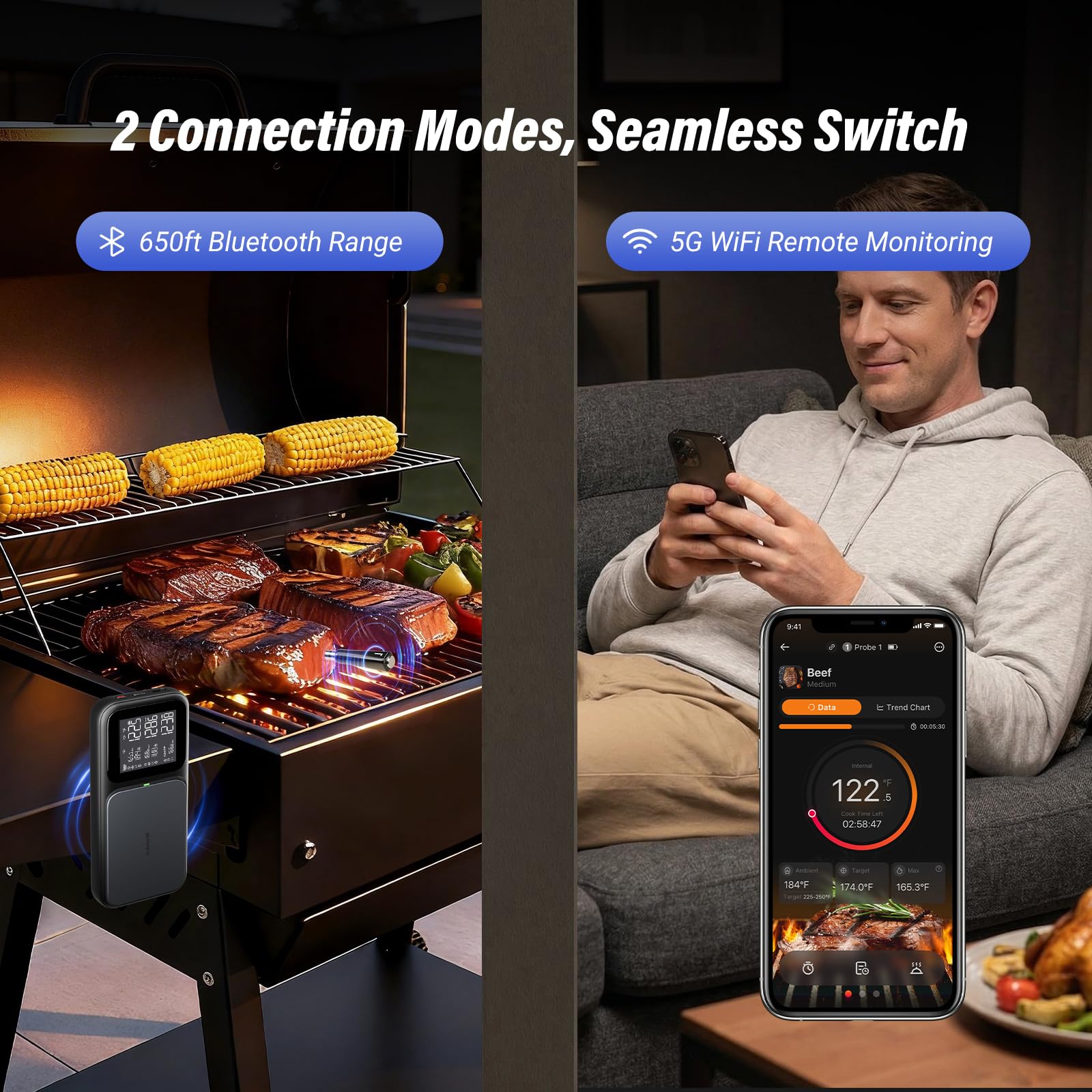 Termómetro inalámbrico para carne con WiFi 5G y Bluetooth 5.4, 3 sondas, 5 sensores, termómetro inteligente para carne con calibración en tiempo real AI, datos fuera de línea de 120 minutos