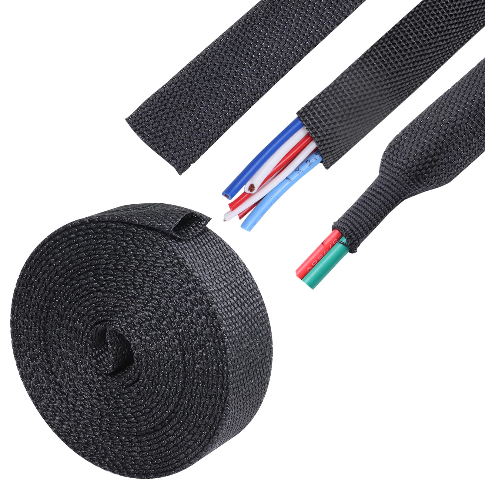 Protector de manguera termorretráctil plano negro de 2-1/4 pulgadas, resistente a la abrasión, funda protectora para cable para soplete de soldadura, manguera hidráulica (20 pies (240
