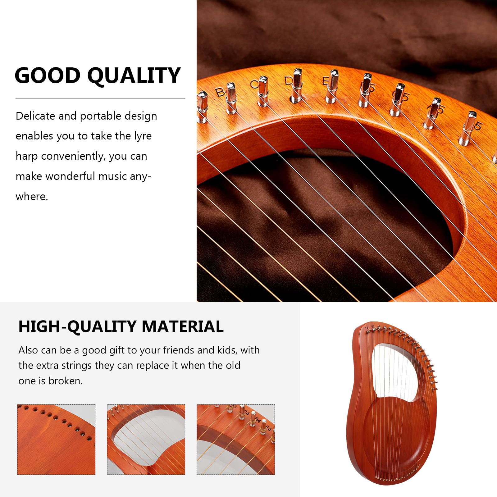 PRETYZOOM Lira Design Compatto e Portatile in Plastica Marrone a 19 Corde Suono Melodioso Strumenti Musicali a Corda Principianti