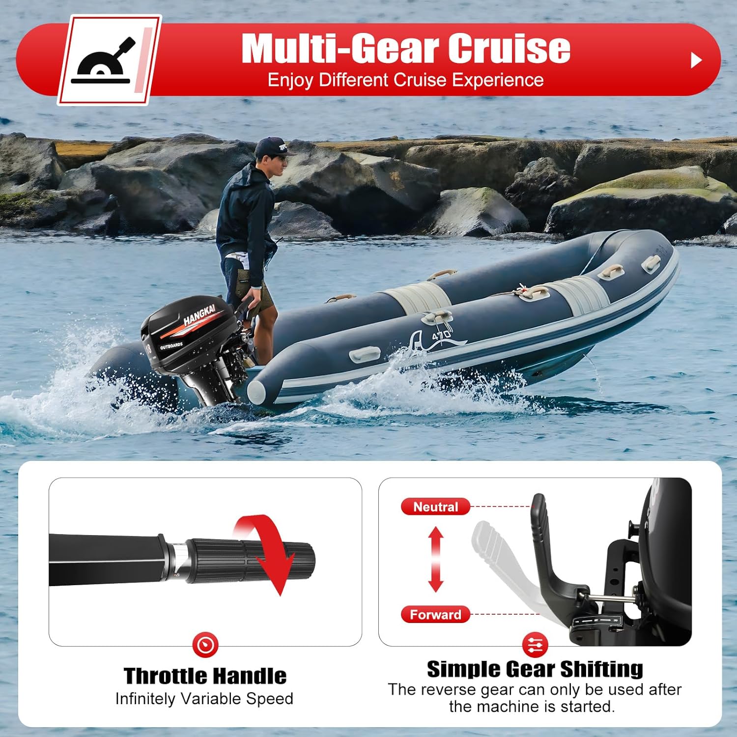 2 Stroke 18HP Outboard Motor Gas-Powered Water Cooling Boat Engine Long Shaft Tiller Control 246CC Heavy Duty Fishing Boat Kayak Engine Outboard Motors Boat Engine Motor