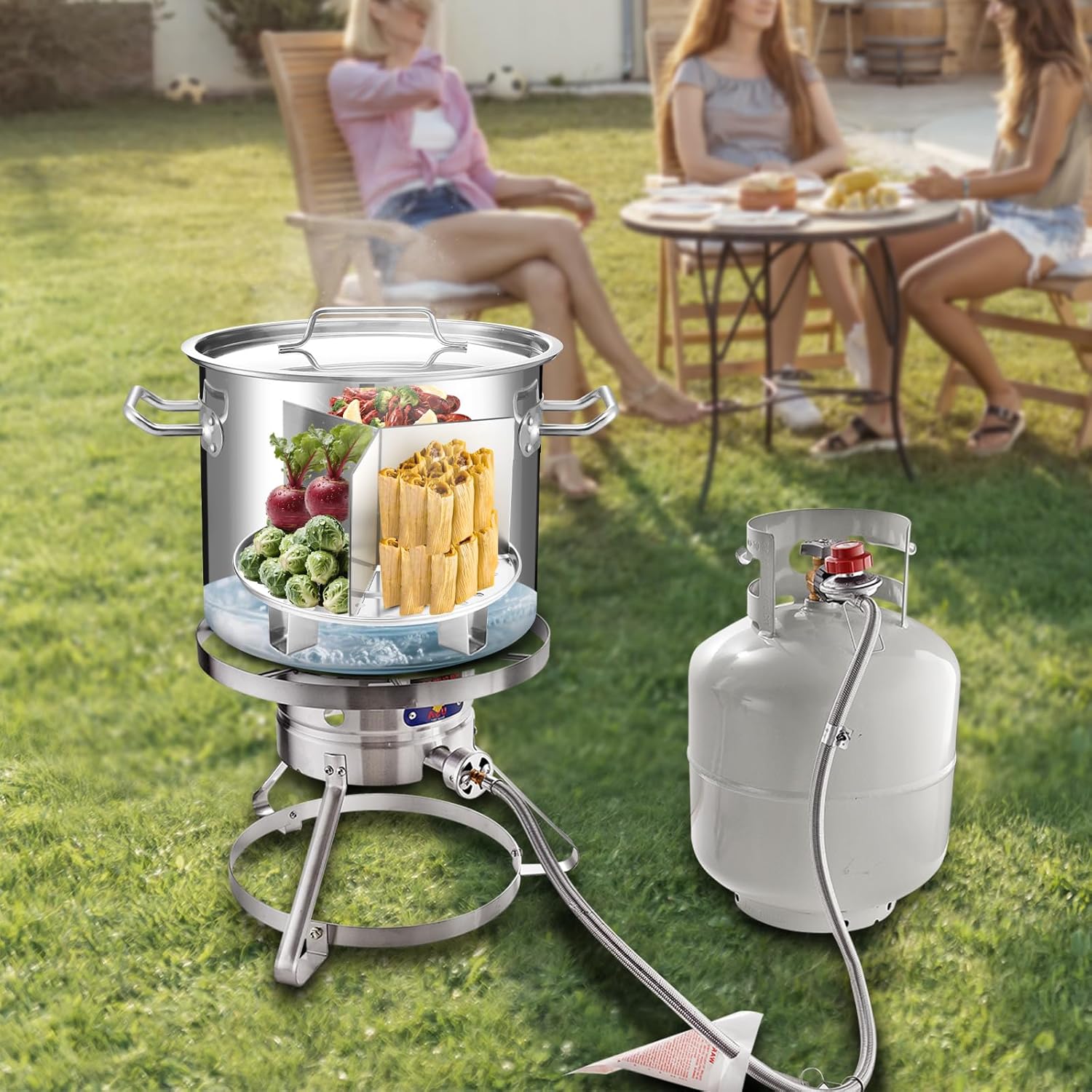 ARC Steaming Kit，37,000BT Utainless Steel Single Burner Propane Stove，Steamer Pot w/Easy-fill Water Spout, Divider and Steamer Rack, Seafood Crab-Vegetable-Vaporeras para Tamale Steaming, Outdoor Cooking (20QT)