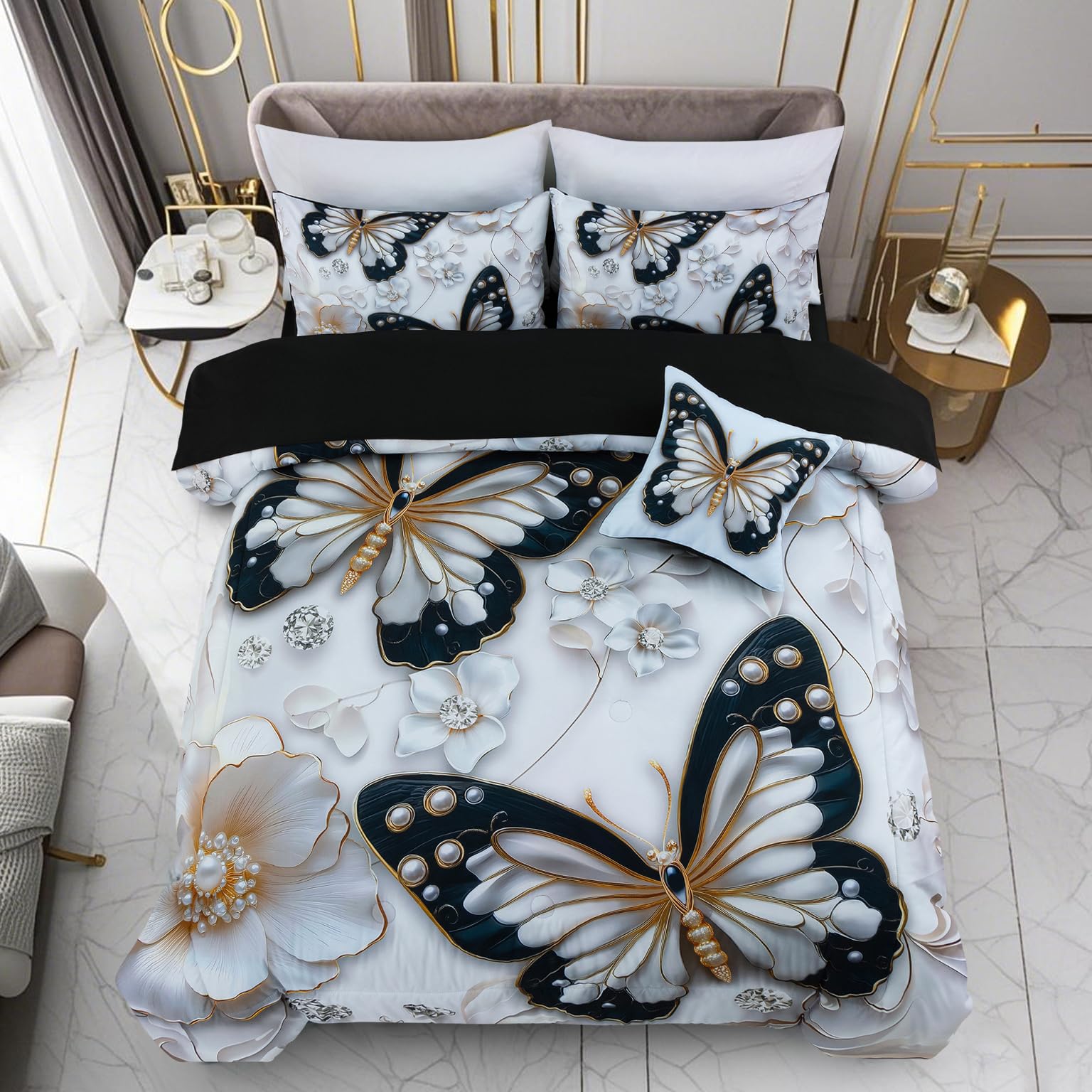 A Nice Night 6pcs Bed in A Bag Black and Glod Dreamy 3D Butterfly Printed, with Pearl Flower Design Butterflies Bedding Twin Comforter Set, for Girls