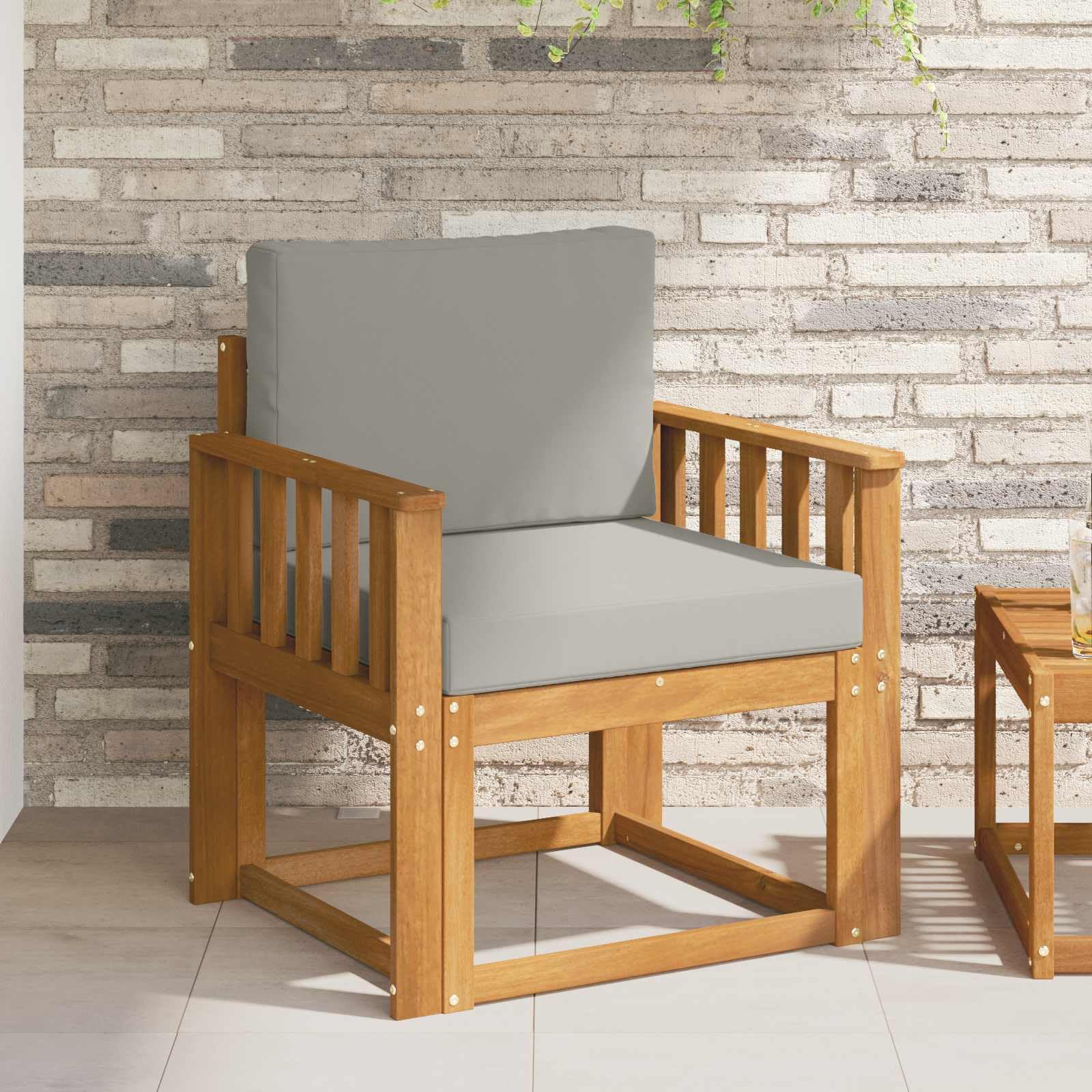 Divano da esterno in legno massello di acacia e poliestere, set di mobili da giardino, per terrazza, balcone, braccioli, listelli verticali