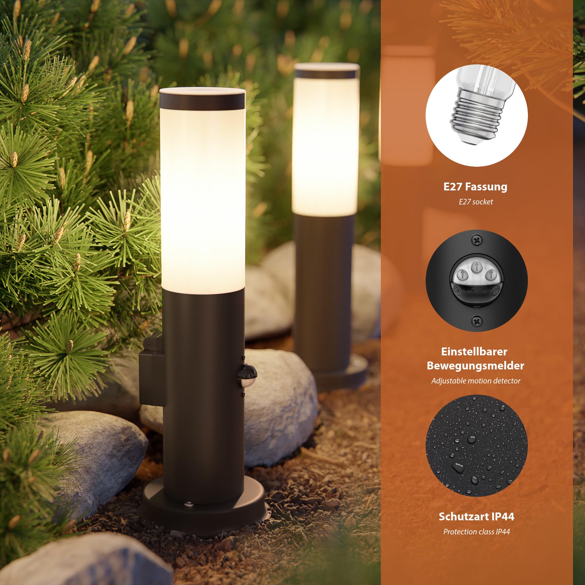 ledscom.de 2 lampadaires PORU avec capteur et piquet d'ancrage pour l'extérieur, 38 cm, noir, prise, avec ampoule E27 de 471 lm, blanc très chaud