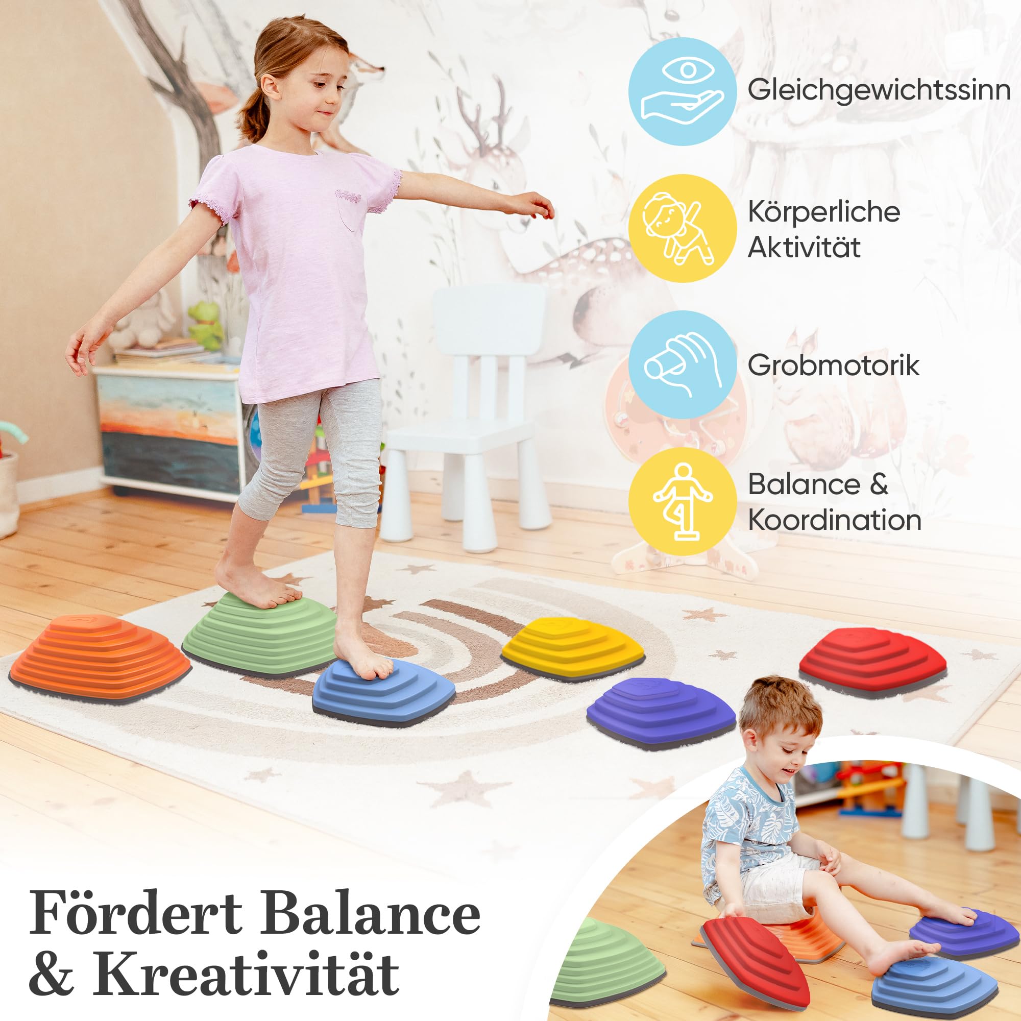 Stapelsteine Balanciersteine für Kinder - fördert Gleichgewicht, Balance & Koordination - Bewegungsspiele & Gartenspielzeug - Flusssteine Stepping Stones