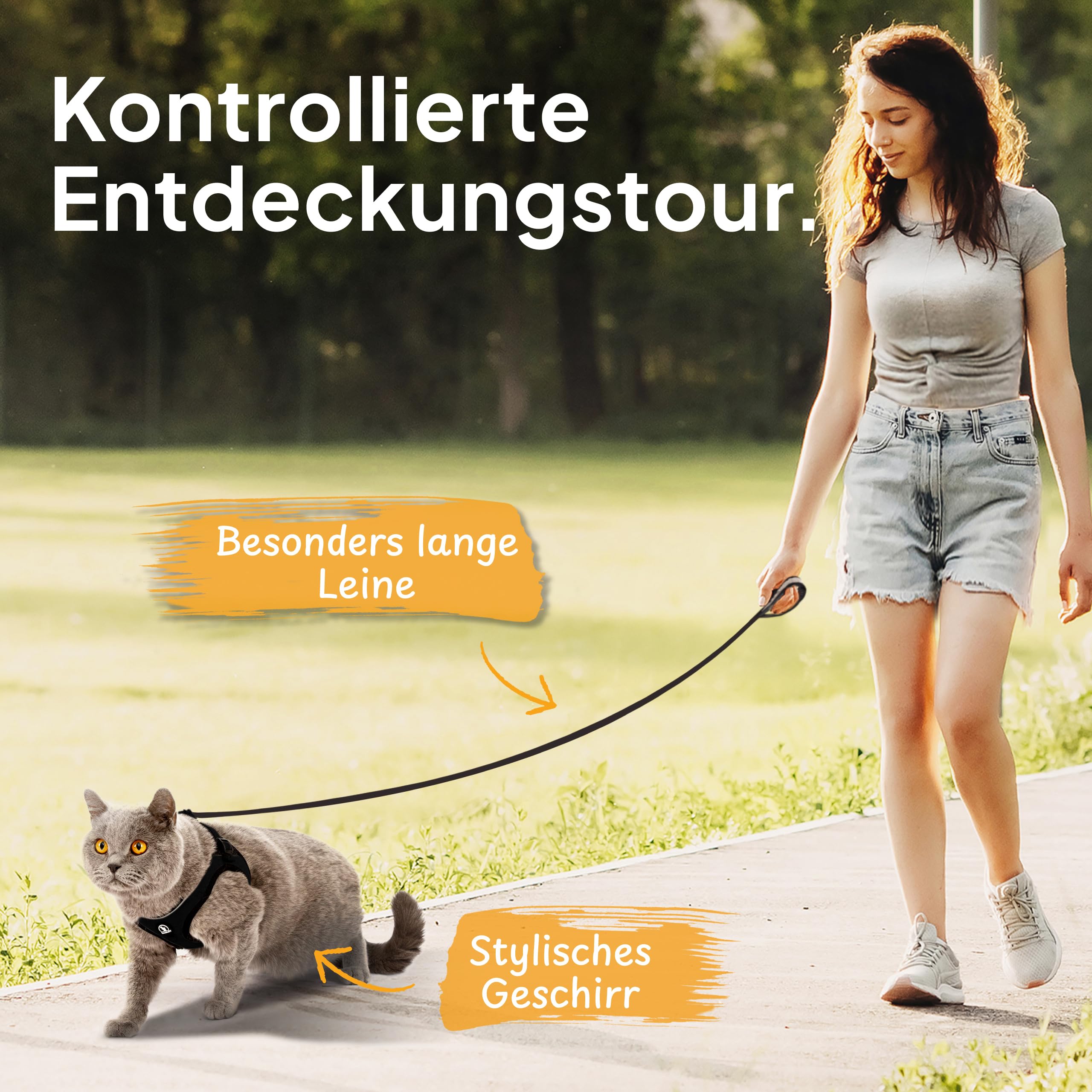 Katzengeschirr mit Leine für Kitten & kleine Katzen - verstellbares Softgeschirr, weich & robust - Katzengeschirr Kitten - Schwarz, Größe S