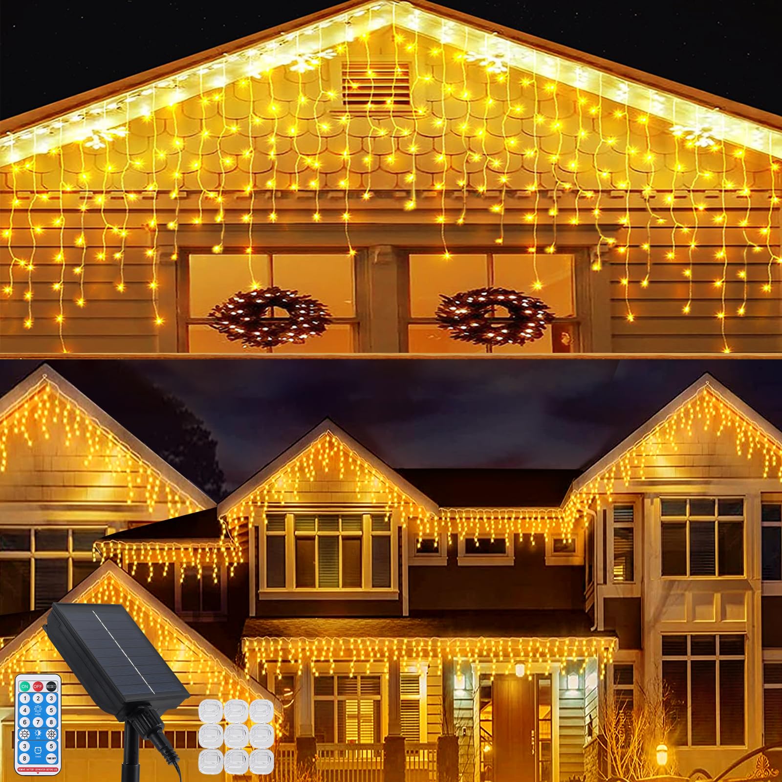 Acxilexy Solar lcicle String Lights Outdoor, 26 Ft 288 LEDs Christmas lcicle Lights with 48 Drops, Remote Control, Waterproof 8 Lighting Modes String Lights for Window, Xmas, Garden Decoration