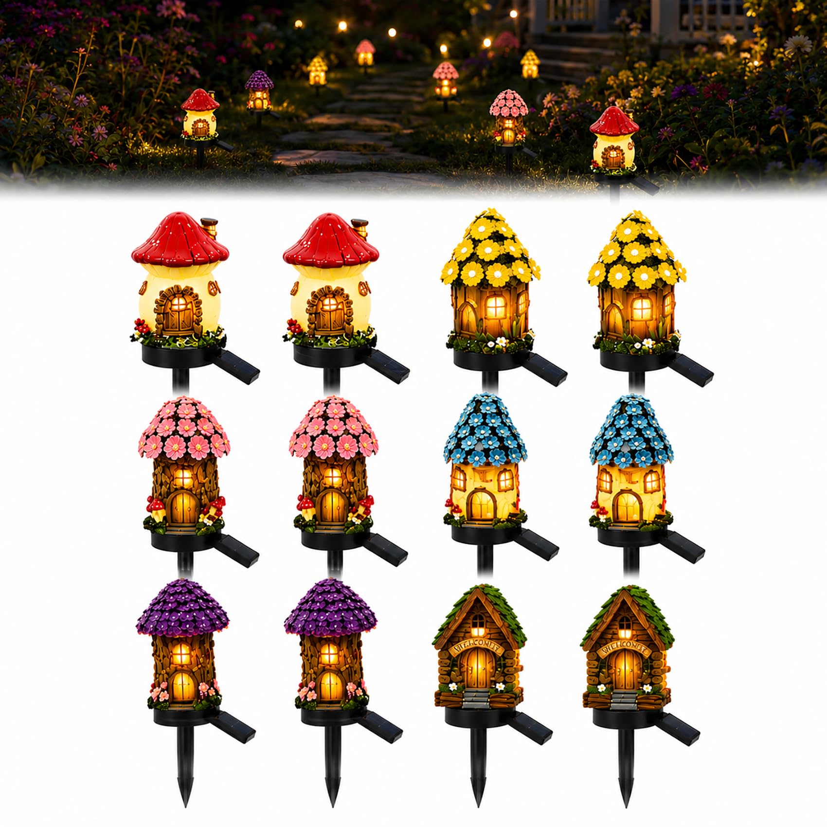 Cemssitu Solar Mushroom Cottage Garden Light, Waterproof LED Solar Garden Light with Stake, Resin Fairy Garden Stake Lights with Auto On/Off for Pathway Yard Patio Lawn Walkway (12 Mix)