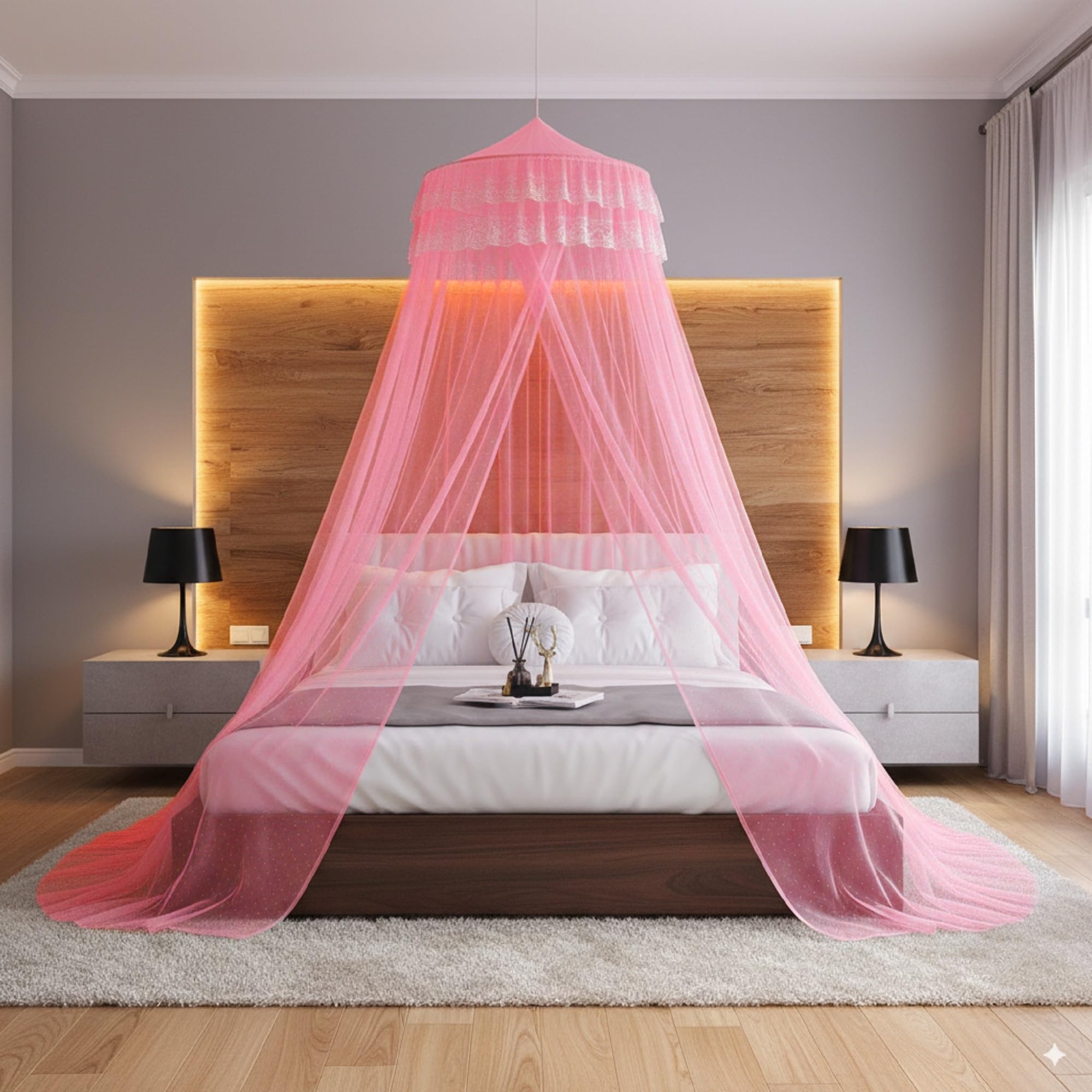Classic Mosquito Net for Hanging Double Bed | King Size Embroidery Machardani | Polyester 30GSM Strong Net | Canopy Tent for Bedroom -Pink