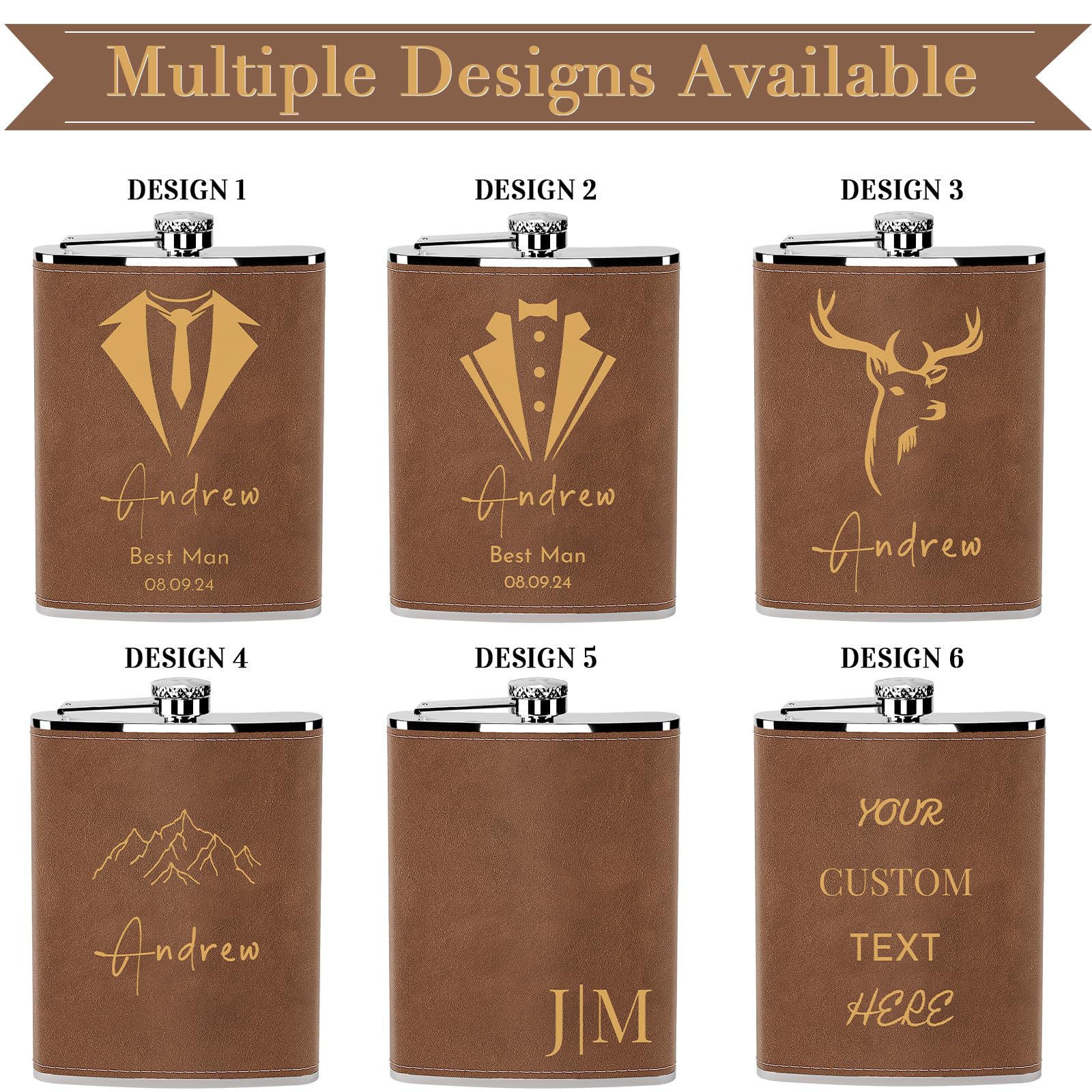 Custom Flask Gift Set for Men - 8 oz, 304 Stainless Steel Personalized Flask with 'Deer' Icon for Hunting, Travel, Hiking, Climbing (Brown)