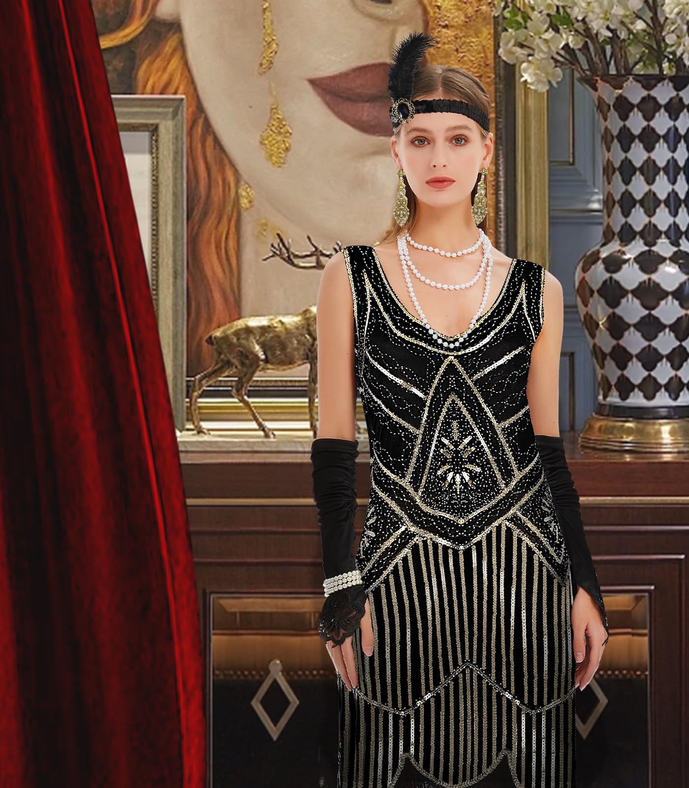 WILDPARTY Robe garçonne des années 1920 avec col en V et franges et accessoires des années folles