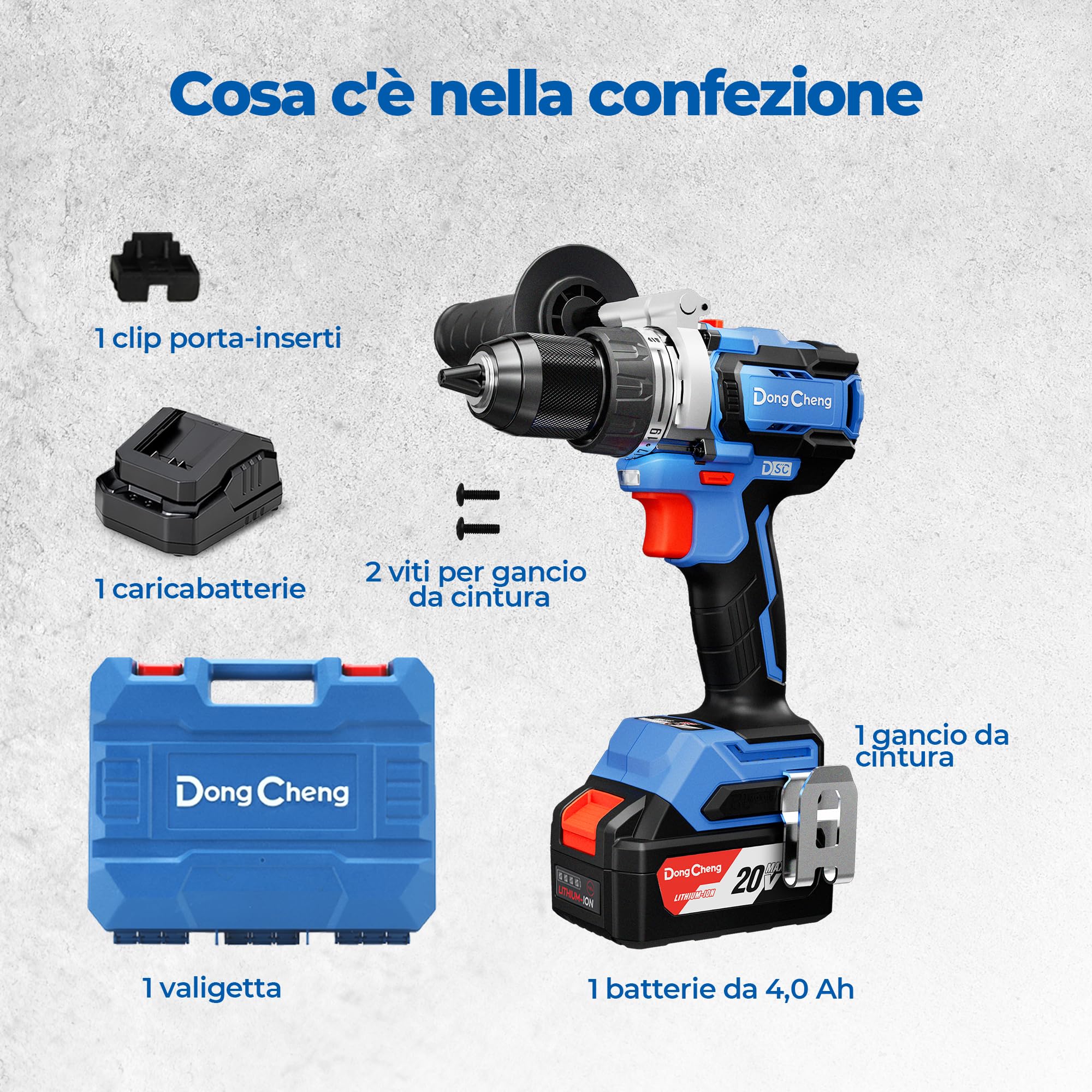 Dong Cheng Trapano a Percussione a Batteria 20V Brushless 160 Nm, Trapano Avvitatore Batteria, 1x4,0 Ah, 3 Modalità-Foratura, Avvitatura, Percussione, Mandrino 13mm, 19+2 Coppie, 2 Velocità