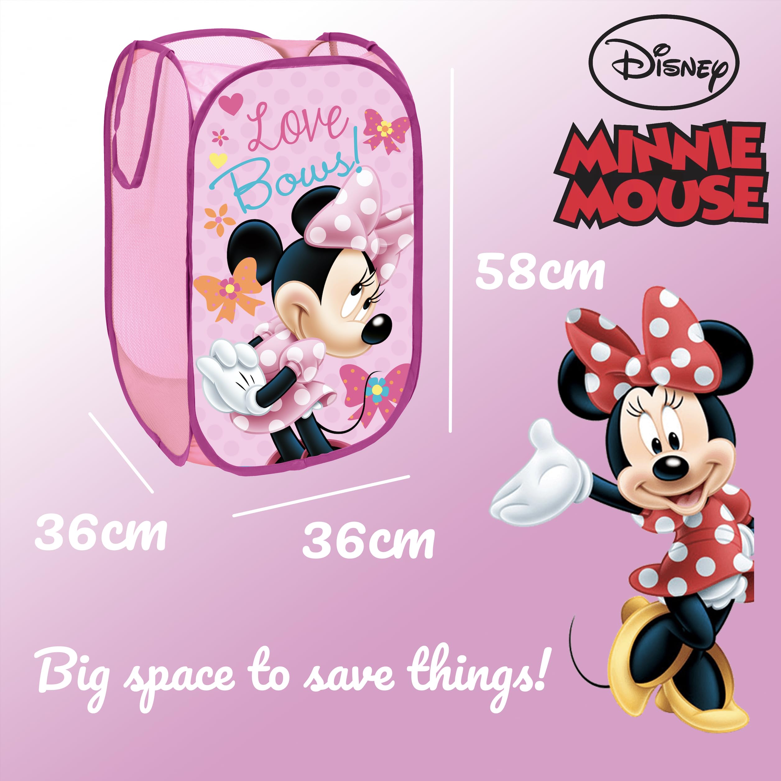 SUPERDIVER - Panier pliable Minnie - Licence Officielle Disney Minnie Mouse - Idéal pour ranger jouets et vêtements - 36x36x58 cm - Léger et compact - Parfait pour les filles et les garçons.