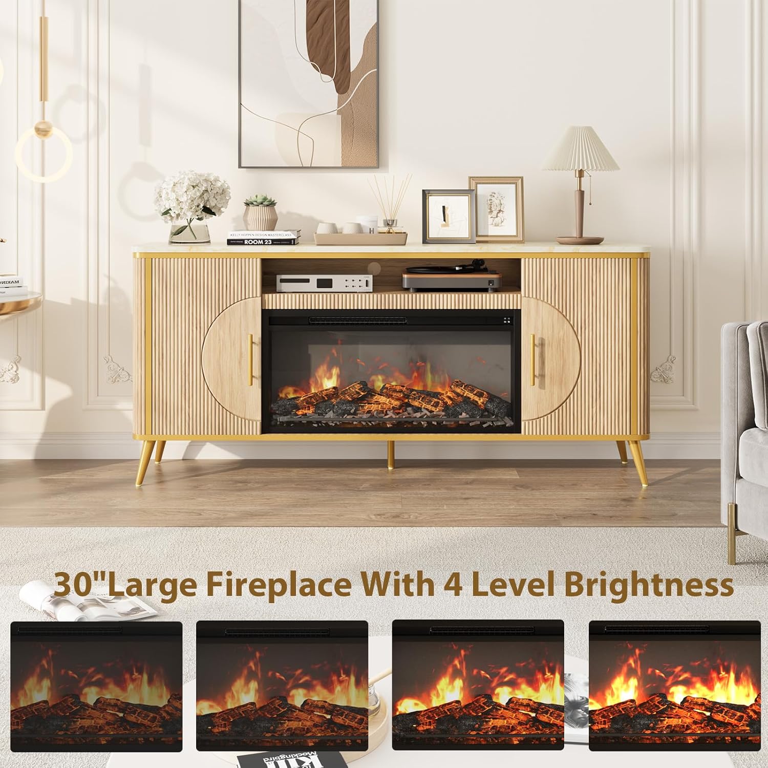 Fluted Fireplace TV Stand Up to 80" TVs, Modern Entertainment Center with 30" Electric Fireplace, Luxury Media Console with Adjustable Shelves for Living Room, Nature Oak
