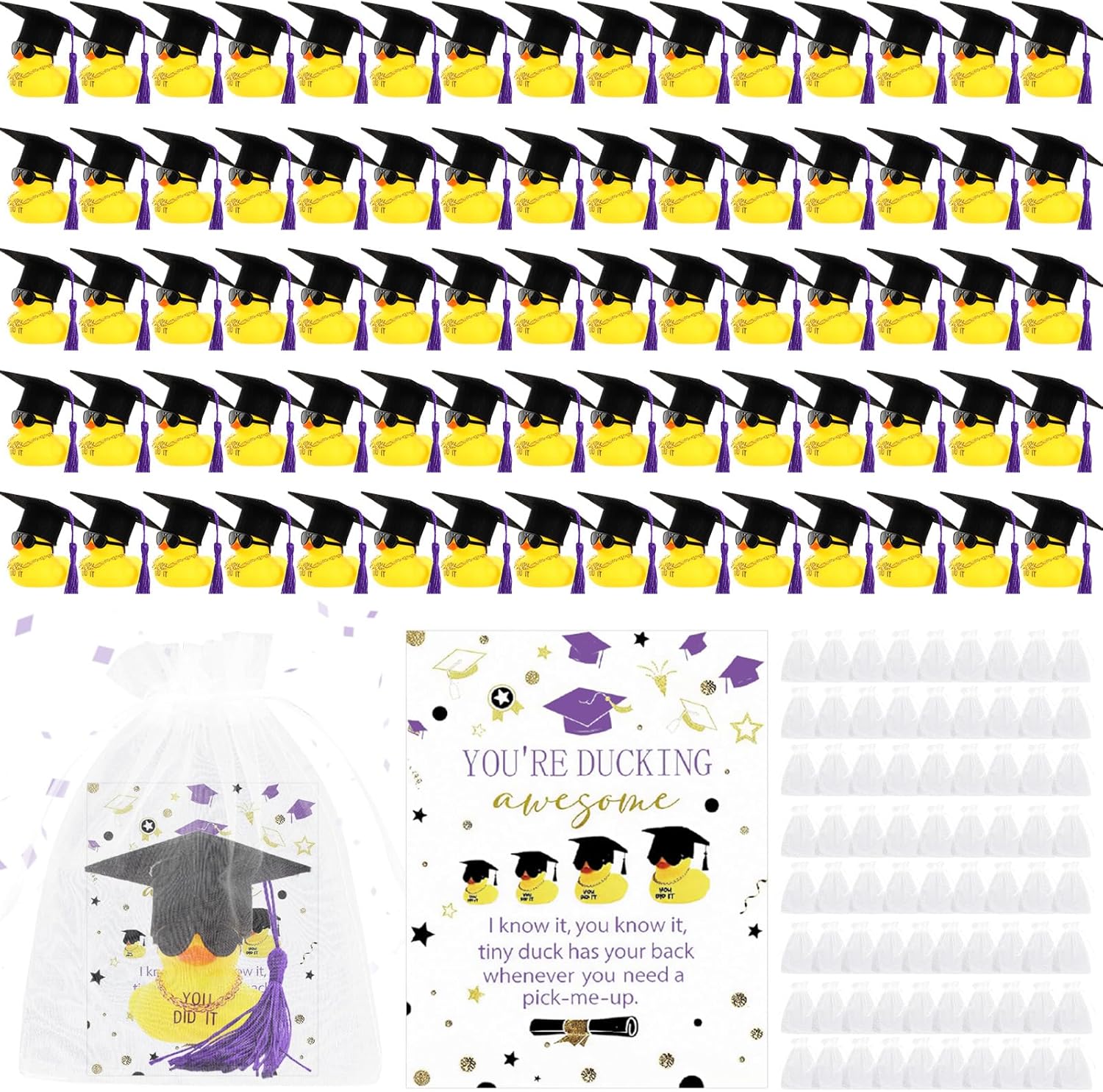 300 Pcs 2026 Graduation Gifts Bulk Graduation Rubber Ducks 2 Inch Mini Ducks with Academic Hats Tassels Sunglasses Chain 75 Inspirational Cards 75 Organza Bags for Class Student Grad Party Favor