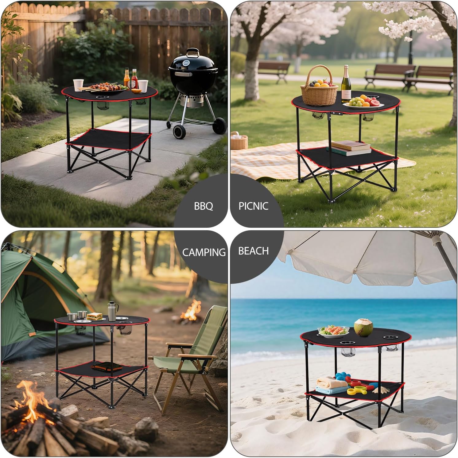 HomGarden 28" Portable Folding Picnic Table Outdoor Camp Table Round 2-Tier with 4 Cup Holders,Portable Tables Folding for BBQ Fishing Beach Table for Party Black