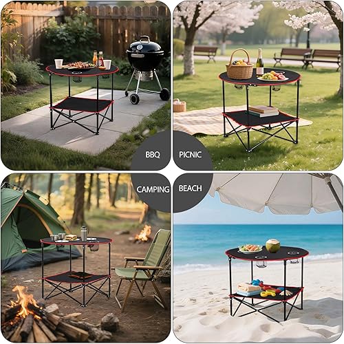 Miniatura 6 de HomGarden Mesa de picnic plegable portátil de 28 pulgadas, mesa de campamento al aire libre, redonda de 2 niveles con 4 soportes para tazas, mesas