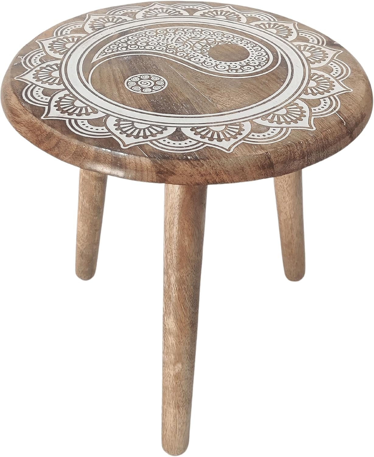 VANIYA CRAFTS® Wooden Engraved Fold-able Side Table/End Table/Plant Stand/Stool for Living Room Bedroom Restaurant Kids Play Furniture Table Round Shape (Natural White)