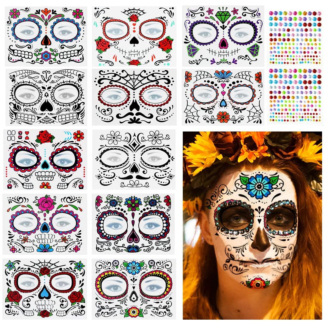 Bluelves Set di 14 Tatuaggi Viso Temporanei per Halloween - 12 Adesivi per Il Viso + 2 Fogli Adesivo Gemma - Maskerade Face Tattoo per Party