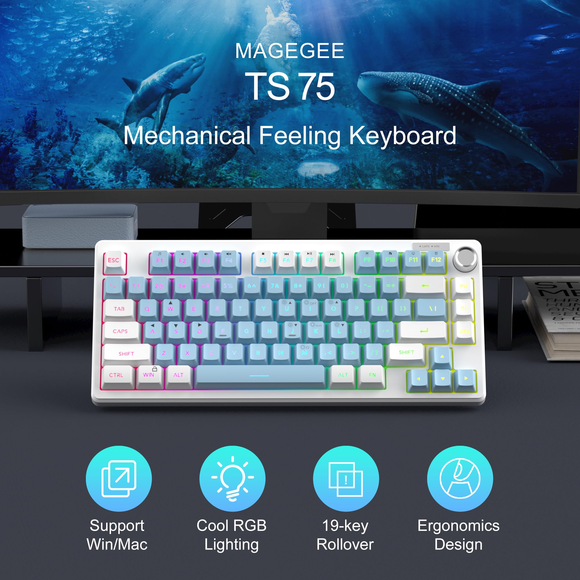 MageGee Mini 60% Gaming Keyboard, RGB Backlit 75 Key Ultra-Compact Keyboard, TS75 Ergonomic Waterproof Mechanical Feeling Office Computer Keyboards for PC, MAC, PS4, Xbox ONE Gamer view 2