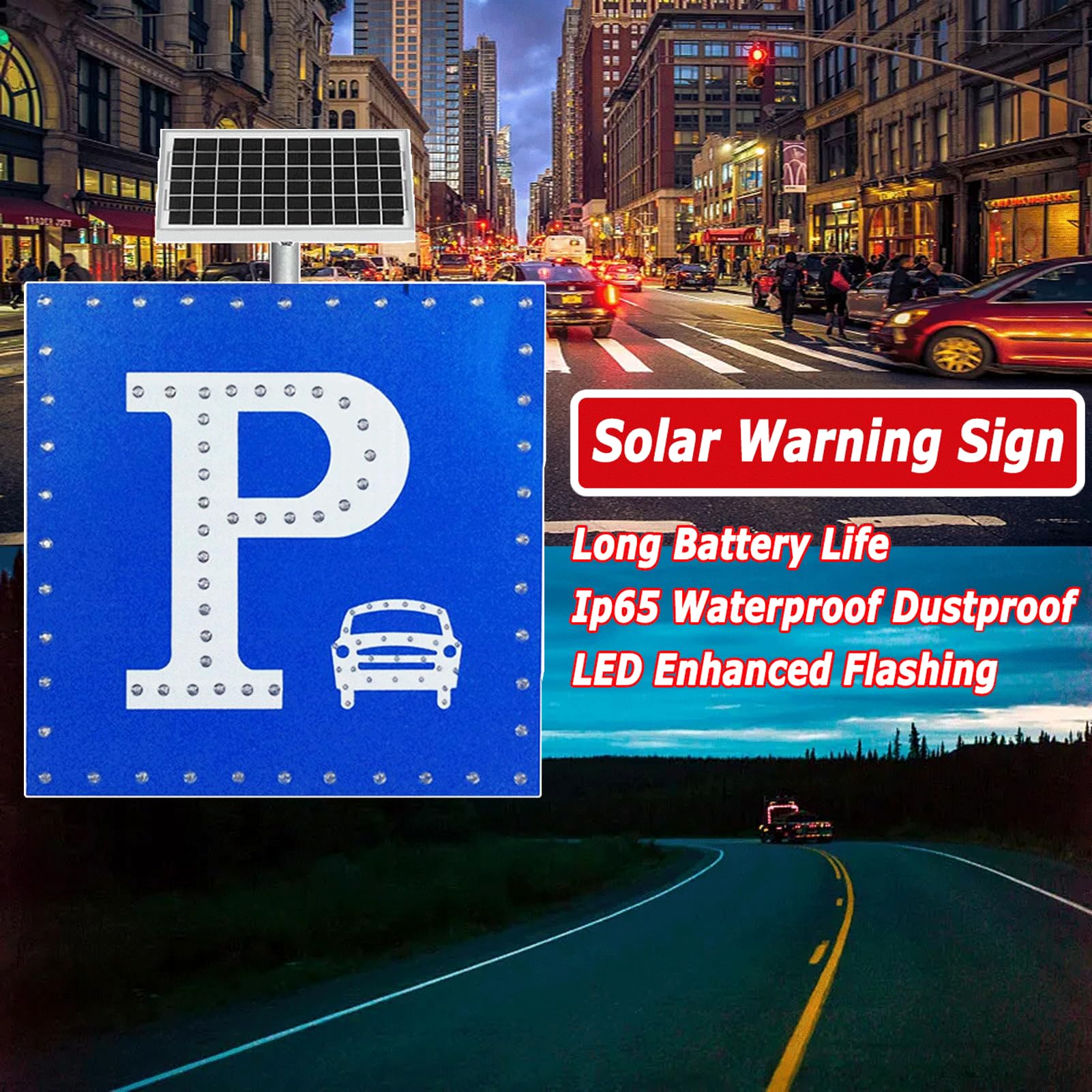 Solar señal de Advertencia de tráfico Vial Intermitente de Aluminio con led para Entrada de vehículos, Calle residencial, Uso Exterior, Resistente a la Intemperie
