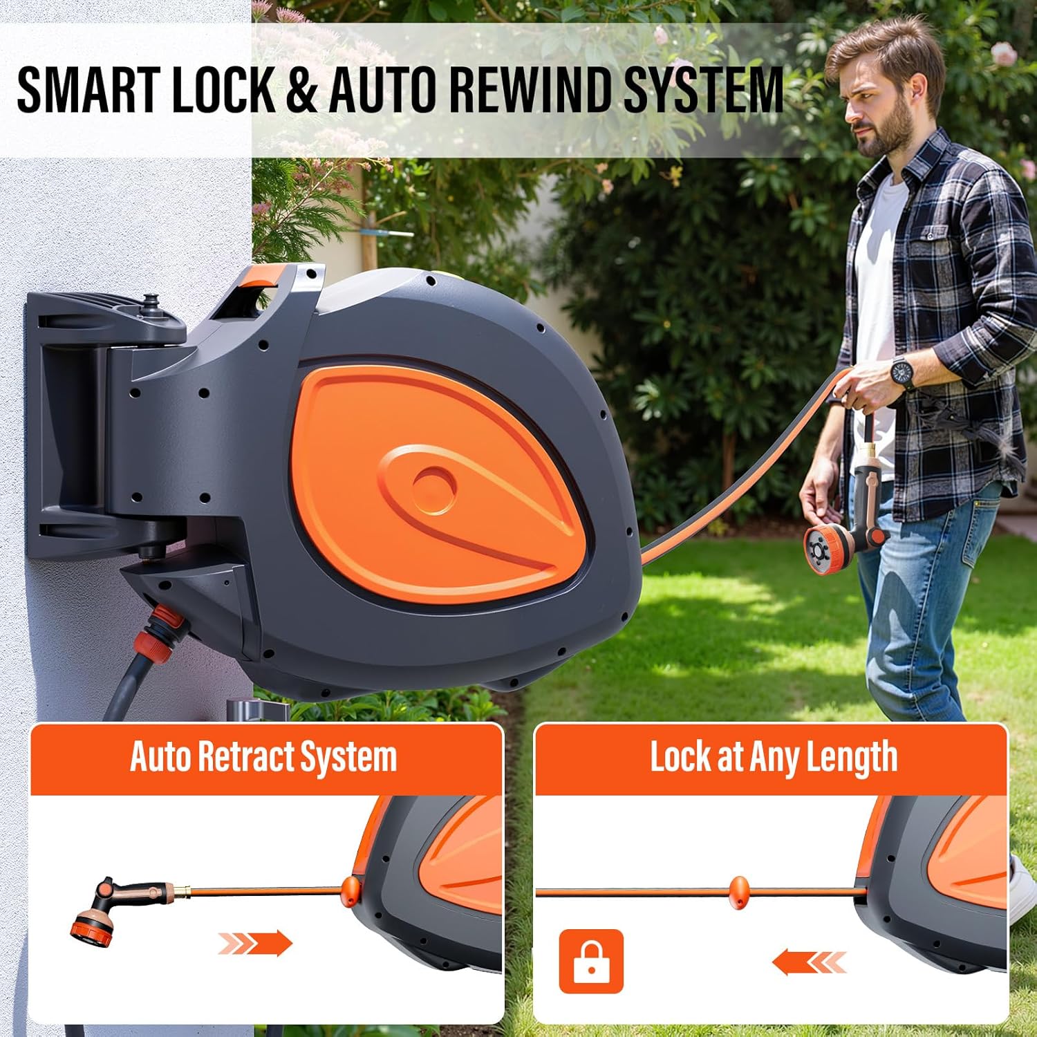 Retractable Garden Hose Reel 1/2 inch x 100ft, Wall Mounted 180° Swivel with Easy-Clean Chamber, Slow Return System, Any-Length Lock & 8-Pattern Heavy Duty Nozzle for Watering, Cleaning