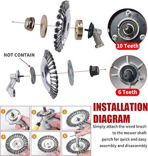 Miniatura 4 de Gashwer Juego de cortadores de cepillo giratorio de alambre de acero de 6+8 pulgadas, cortadora de malas hierbas con adaptador universal, compatible