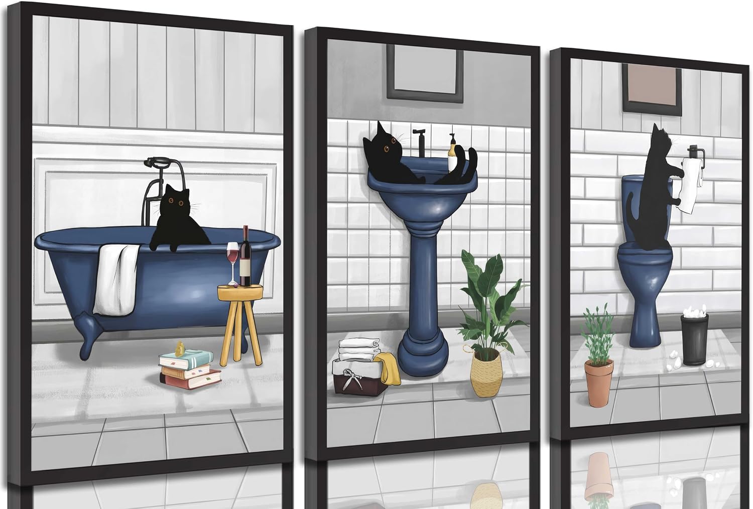 Amazon.com: 3 Pieces Funny Blue Bathroom Cat Canvas Wall Art Cute Black ...
