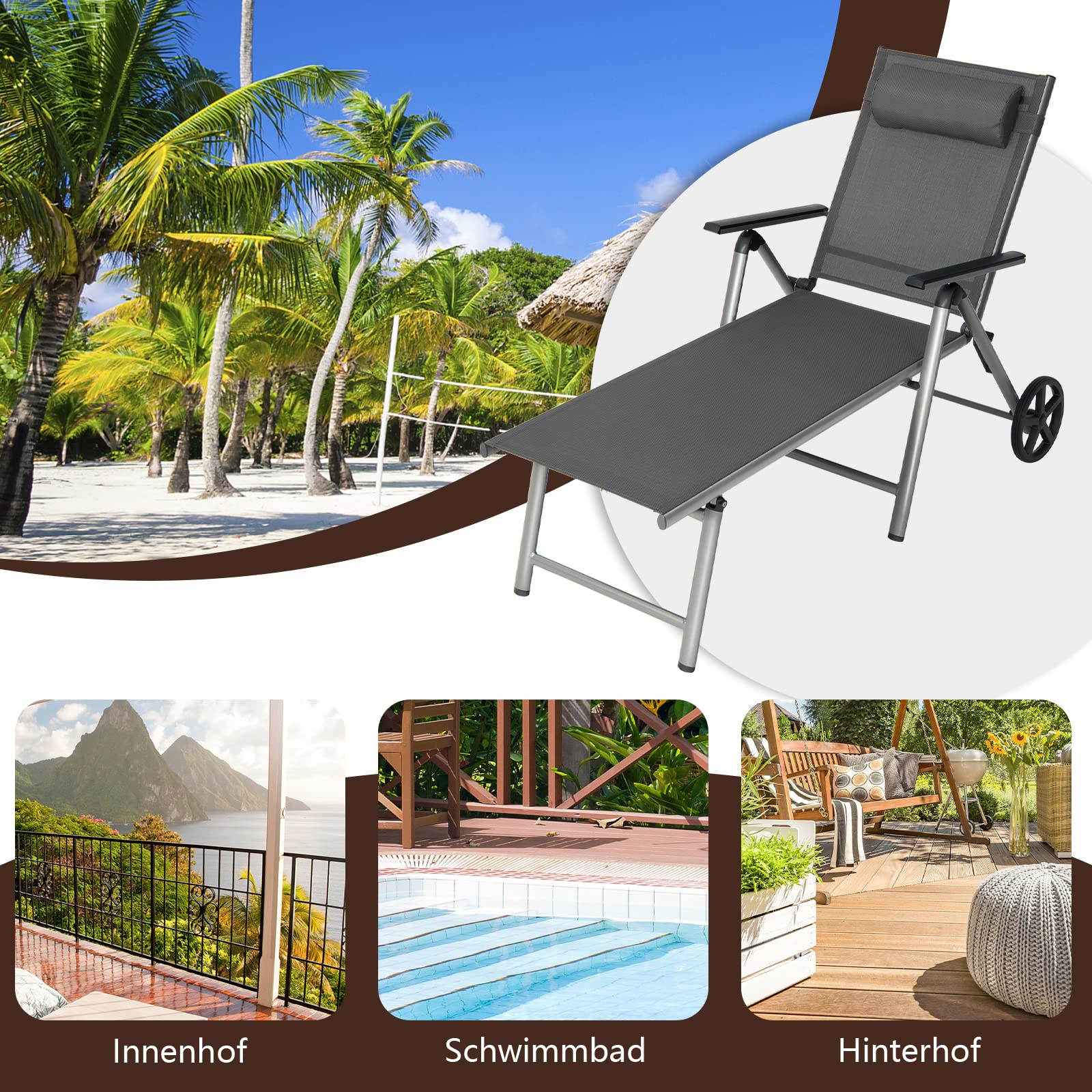 GOPLUS Sonnenliege mit Rollen, Gartenliege mit 7 Fach Verstellbarer Rückenlehne, Liegestuhl klappbar, Aluminium, Terrassenliege bis 150kg belastbar, inkl. Kopfstütze, Relaxliege Garten Balkon Pool