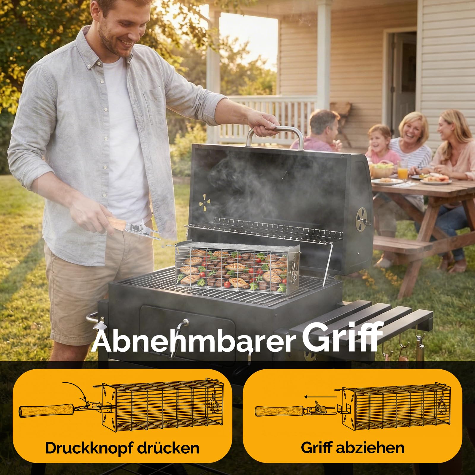 2er Set Grillkorb Quadratisch, Abnehmbarer Holzgriff, Grillkorb Edelstahl 304, Großes Volumen, Outdoor Grill, BBQ Zubehör für Gemüse, Fleisch, Gasgrill, Camping, Garten | Geschenk für Männer, Papa