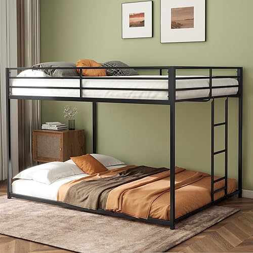 Christopher Knight Home Lasse Bunk Bed Full Over Full Size, Corner Bed Frame with Metal Guard Ladder, Low Profile Bunk Bed with Ladder and Guardrails, No Box Spring Needed, Noise Free, Black