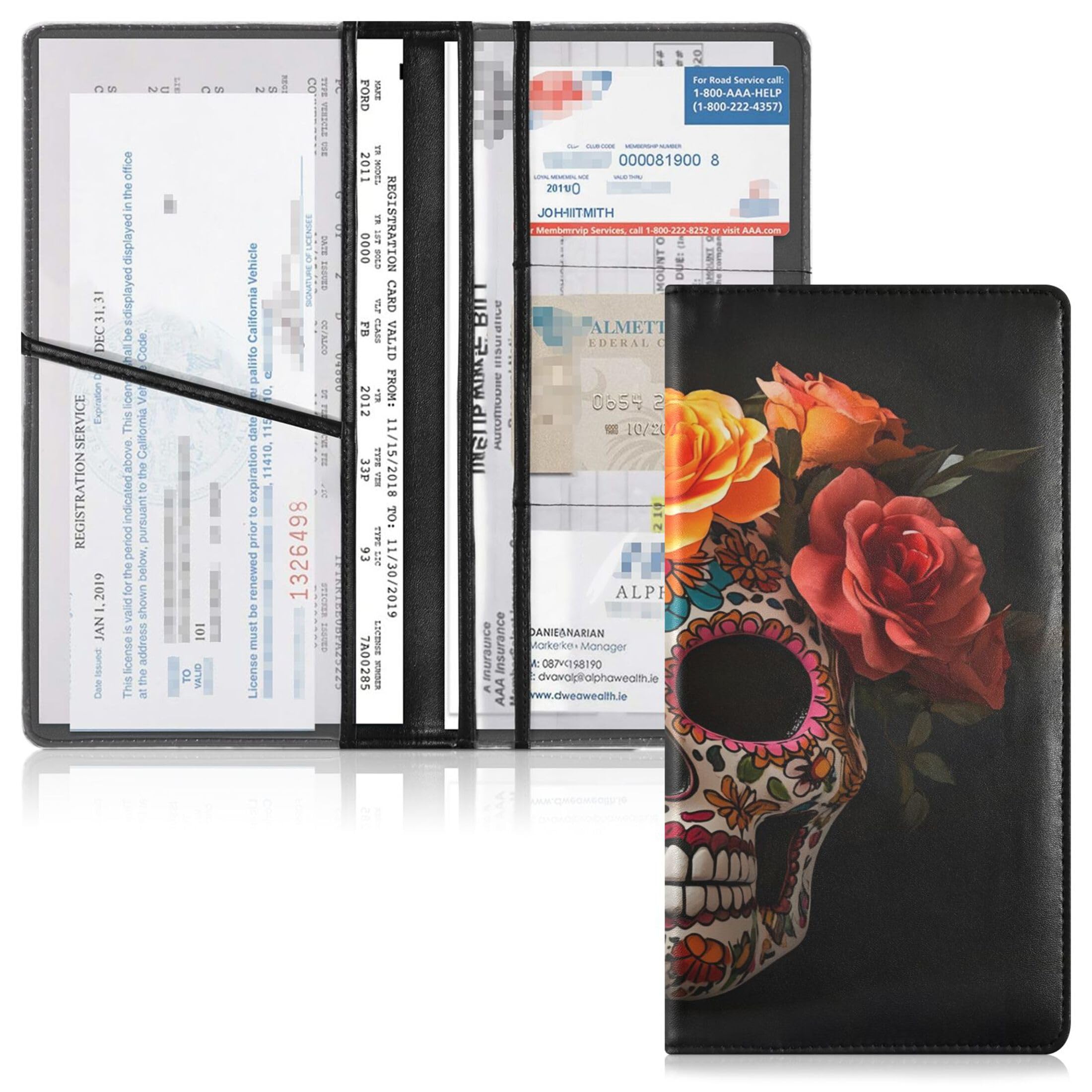 Takiito Car Registration and Insurance Card Holder, Skull with Colorful Floral PU Leather Glove Box Organizers for Cards Driving Licence Documents, Vehicle Accessories