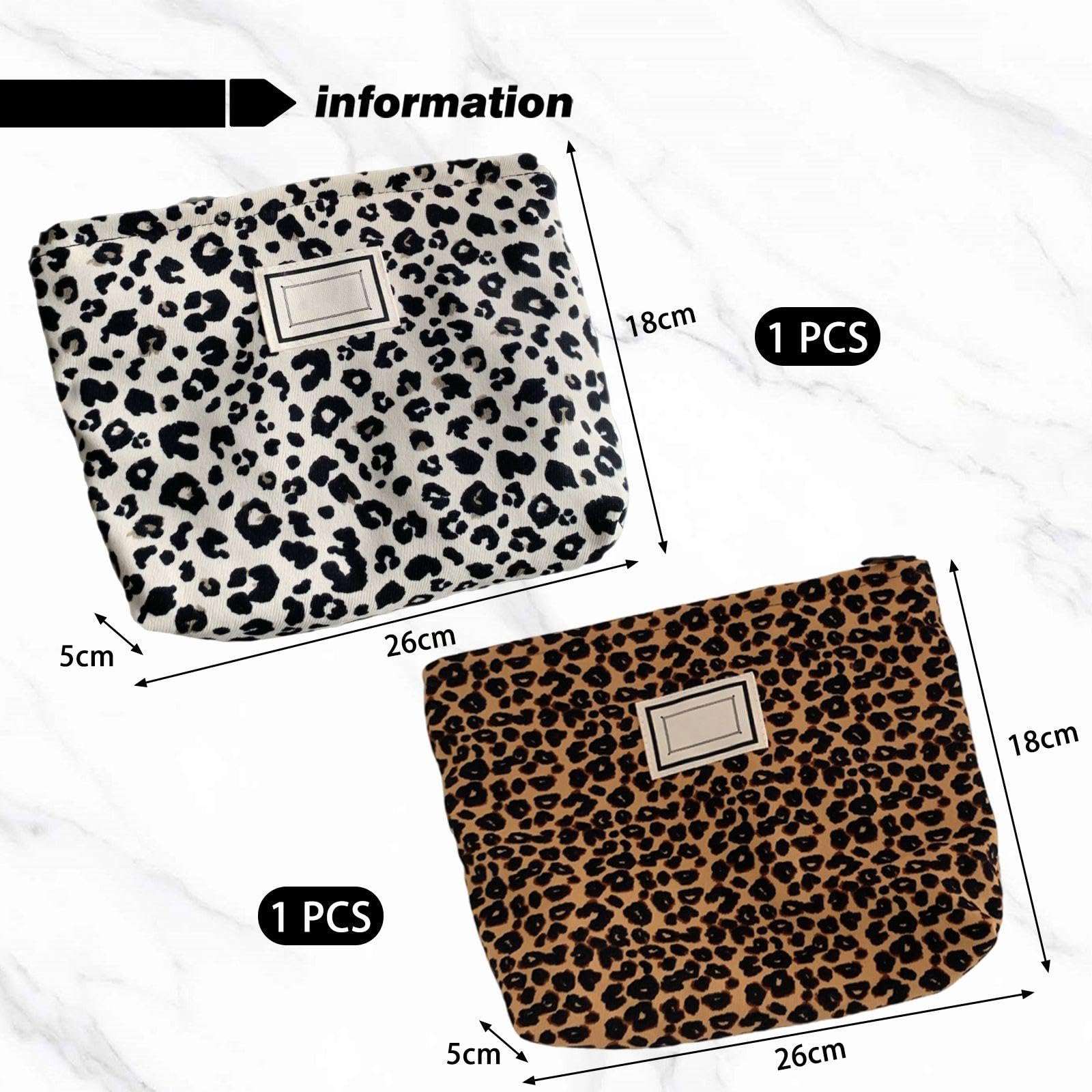 2 Pieces Leopard Print Cosmetic Bag Canvas Travel Fashionable Personalized Large Capacity, Brown Leopard Print - Image 2