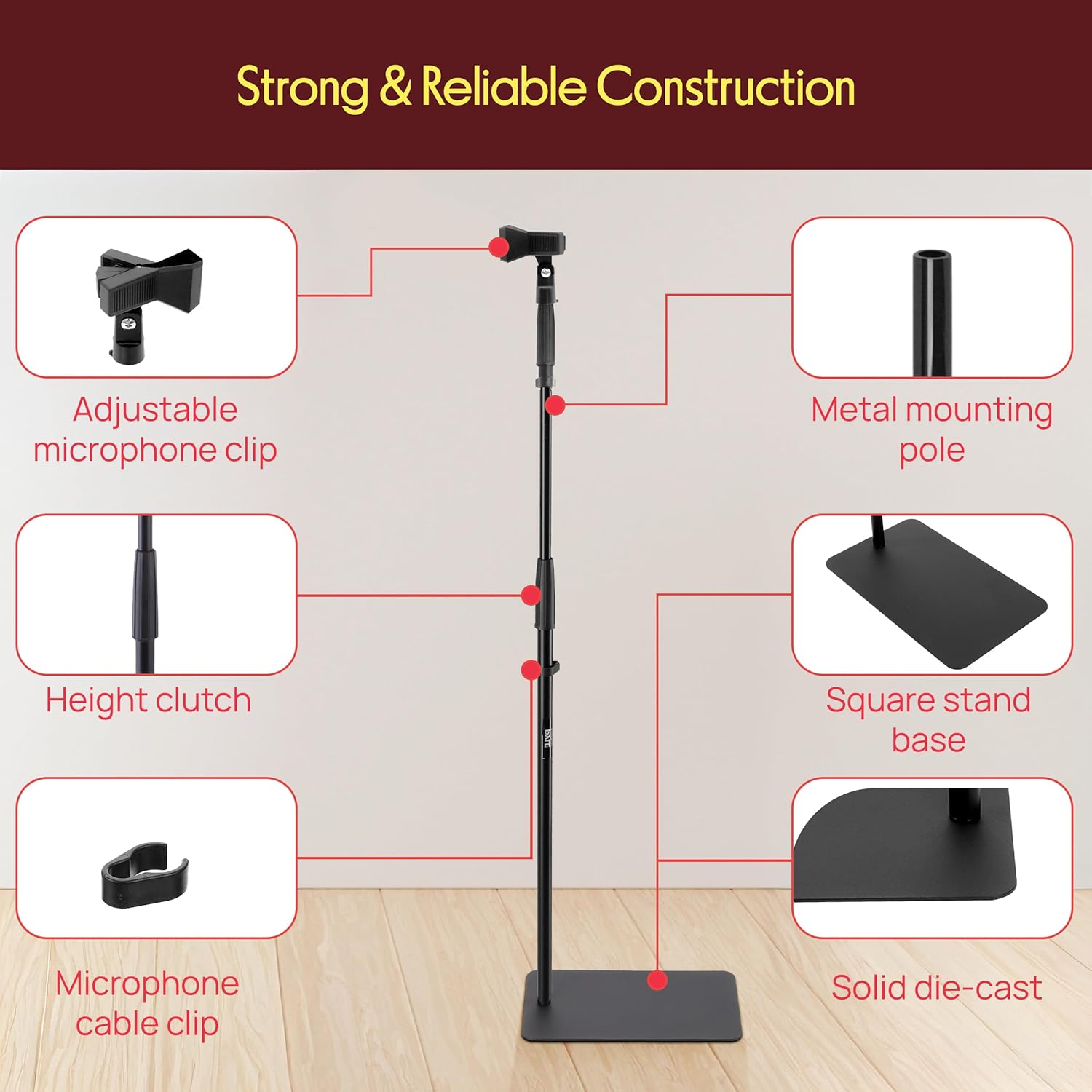 Pyle Square Base Microphone Stand with Mic Clip - Heavy Duty, Height Adjustable, 36.2" to 63.38'', Solid Die-Cast Base, Studio & Concert Use, Universal 5/8'' Adapter, Cable Clip Included