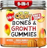 Bones & Growth Support Fluffy Gummies - Growing Up for Kids & Teens Supplement with Calcium, Zinc, Vitamin D3, K2, Spirulina, Astragalus & L-Ornithine – Peach & Mango 60 CT