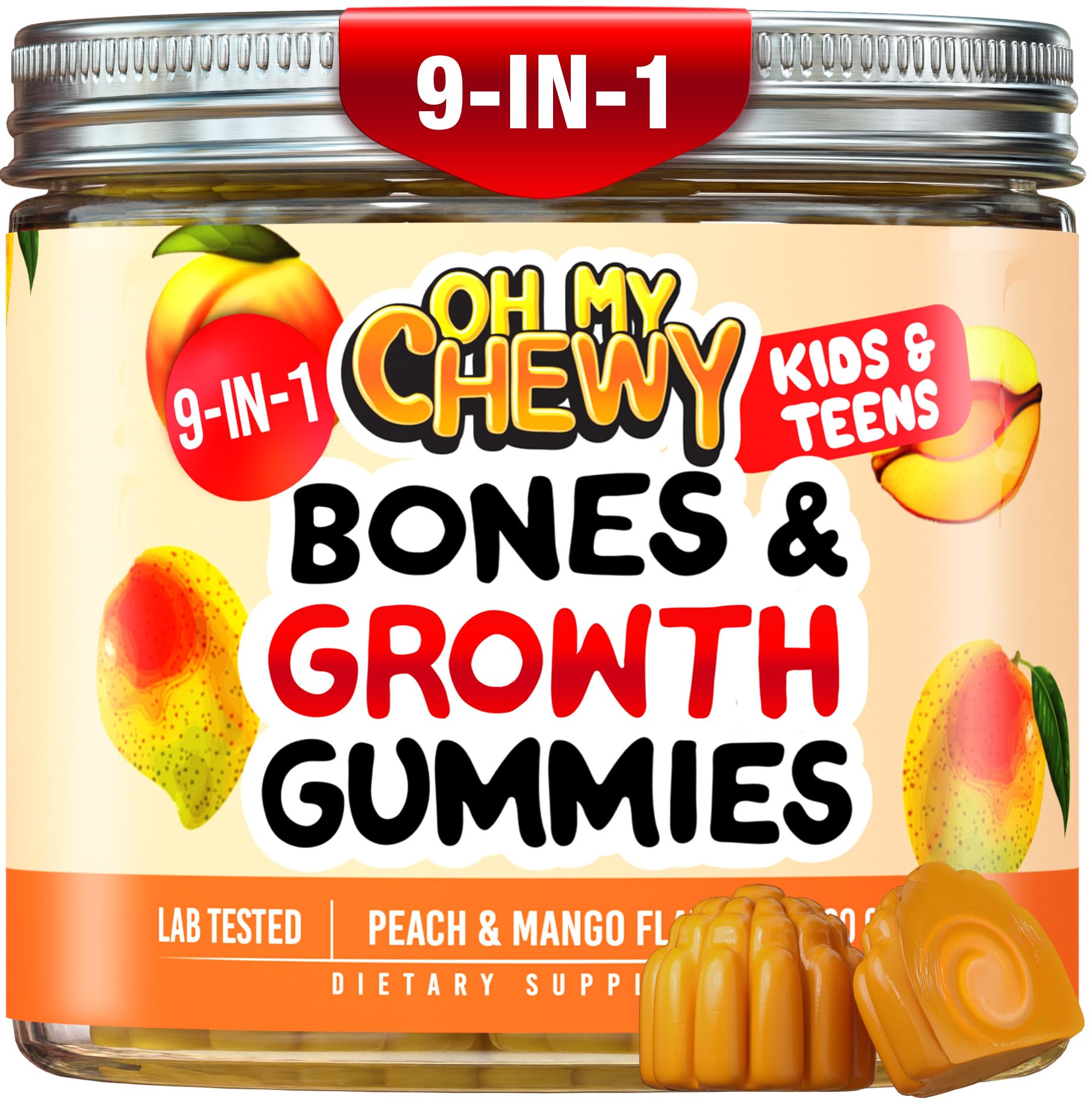 Growth & Bones Fluffy Gummies - Growing Up Support for Kids & Teens Supplement with Calcium, Zinc, Vitamin D3, K2, Spirulina, Astragalus & L-Ornithine – Peach & Mango 60 CT