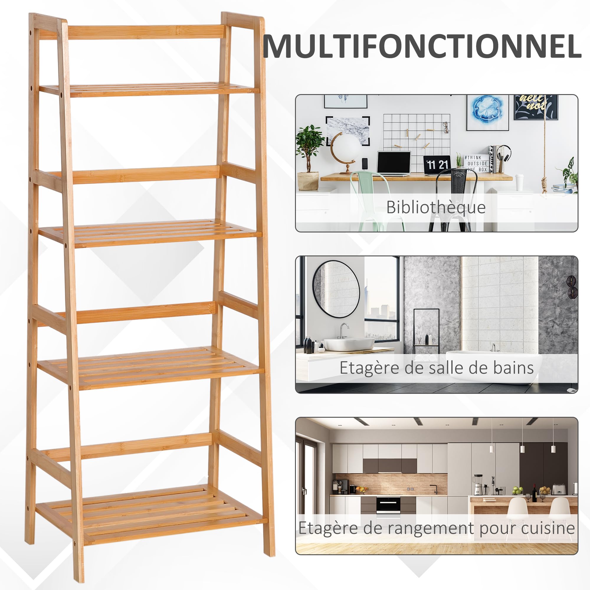 HOMCOM Bibliothèque étagère en Bambou à 4 Niveaux, présentoir de Plantes au Sol, étagère échelle pour Salon, Cuisine, Salle de Bain, Bureau, 48 x 31,5 x 120 cm, Bois Naturel